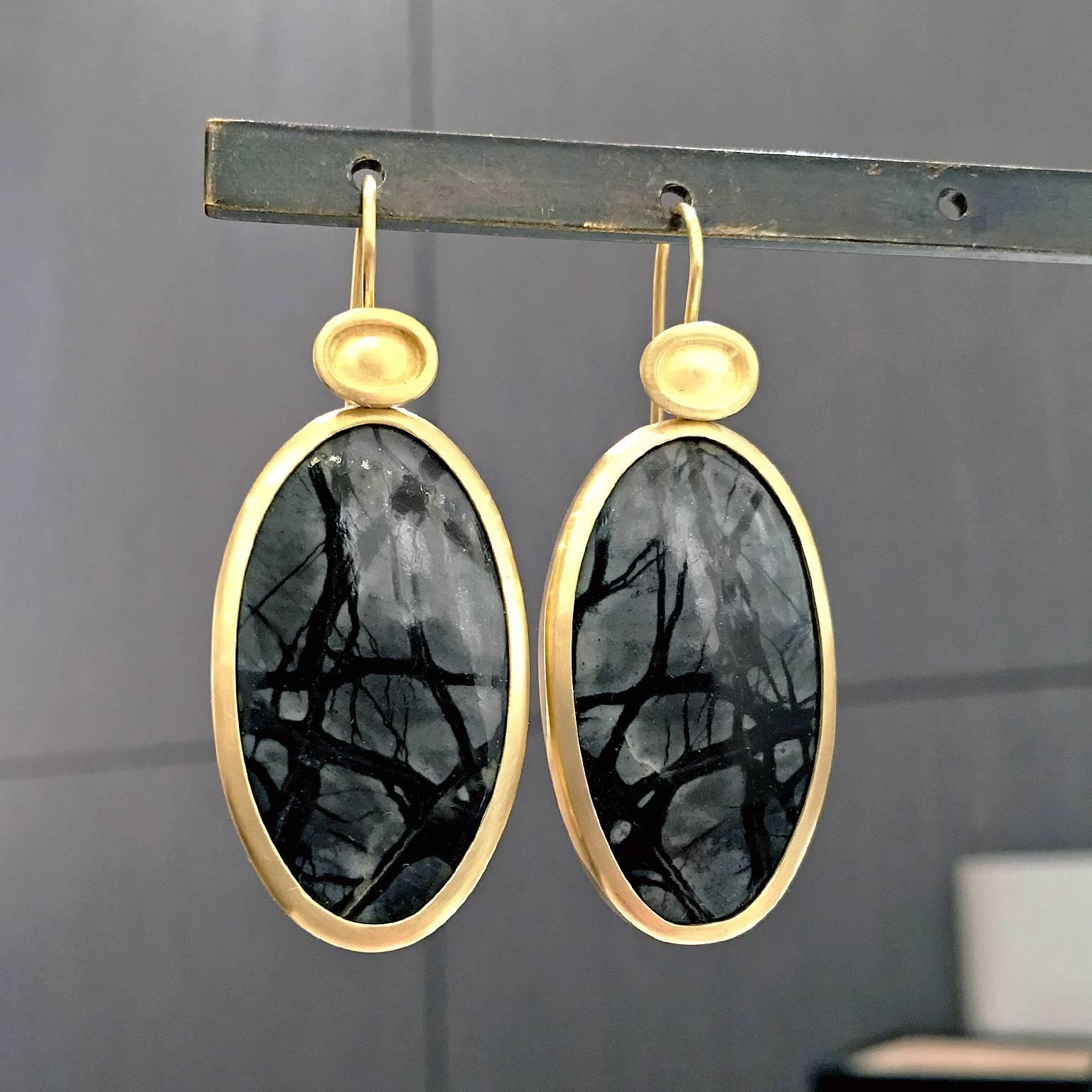 Artist Monica Marcella Matched Steel Gray and Black Natural Jasper Drop Earrings