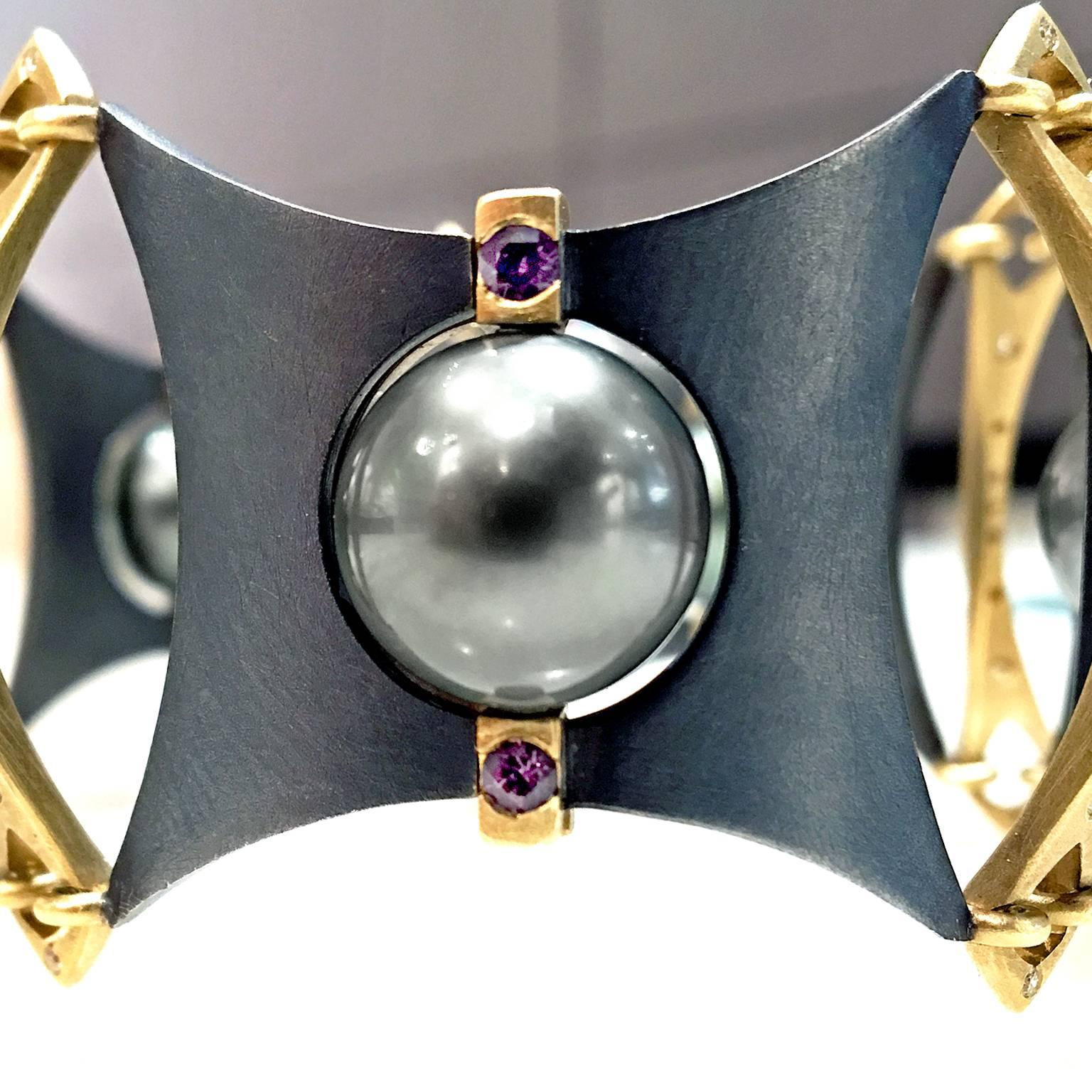 Women's or Men's Award Winning Rolling Tahitian Pearl Color Change Garnet Diamond AXIS Bracelet