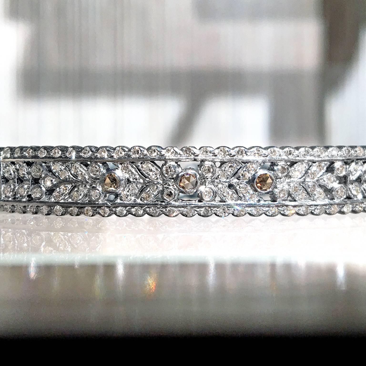 Retro White Cognac Diamonds Silver Curved Bar Textured Steel Chain Wrap Bracelet