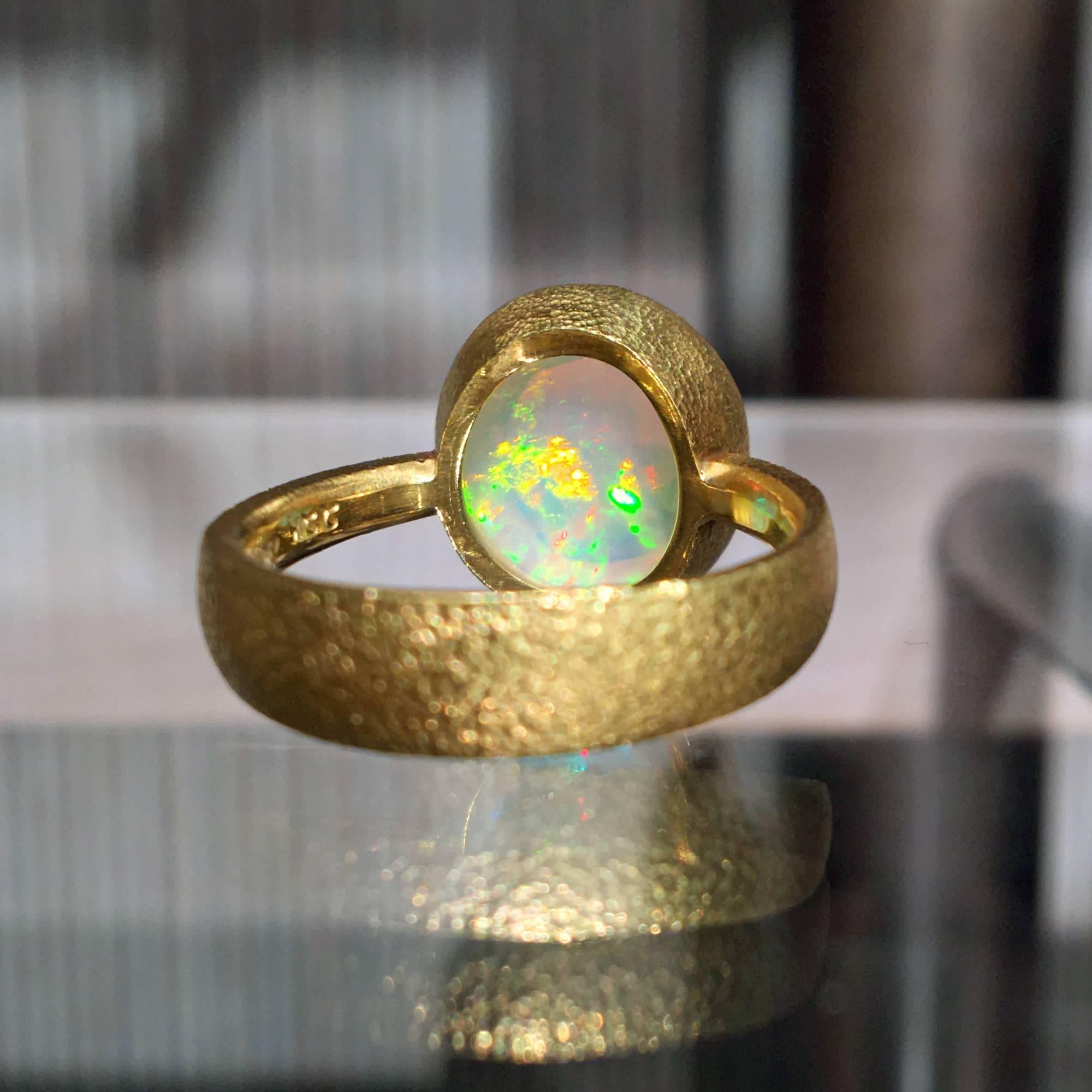 Artist Devta Doolan Otherworldly Rainbow Flash White Opal Handmade Textured Gold Ring