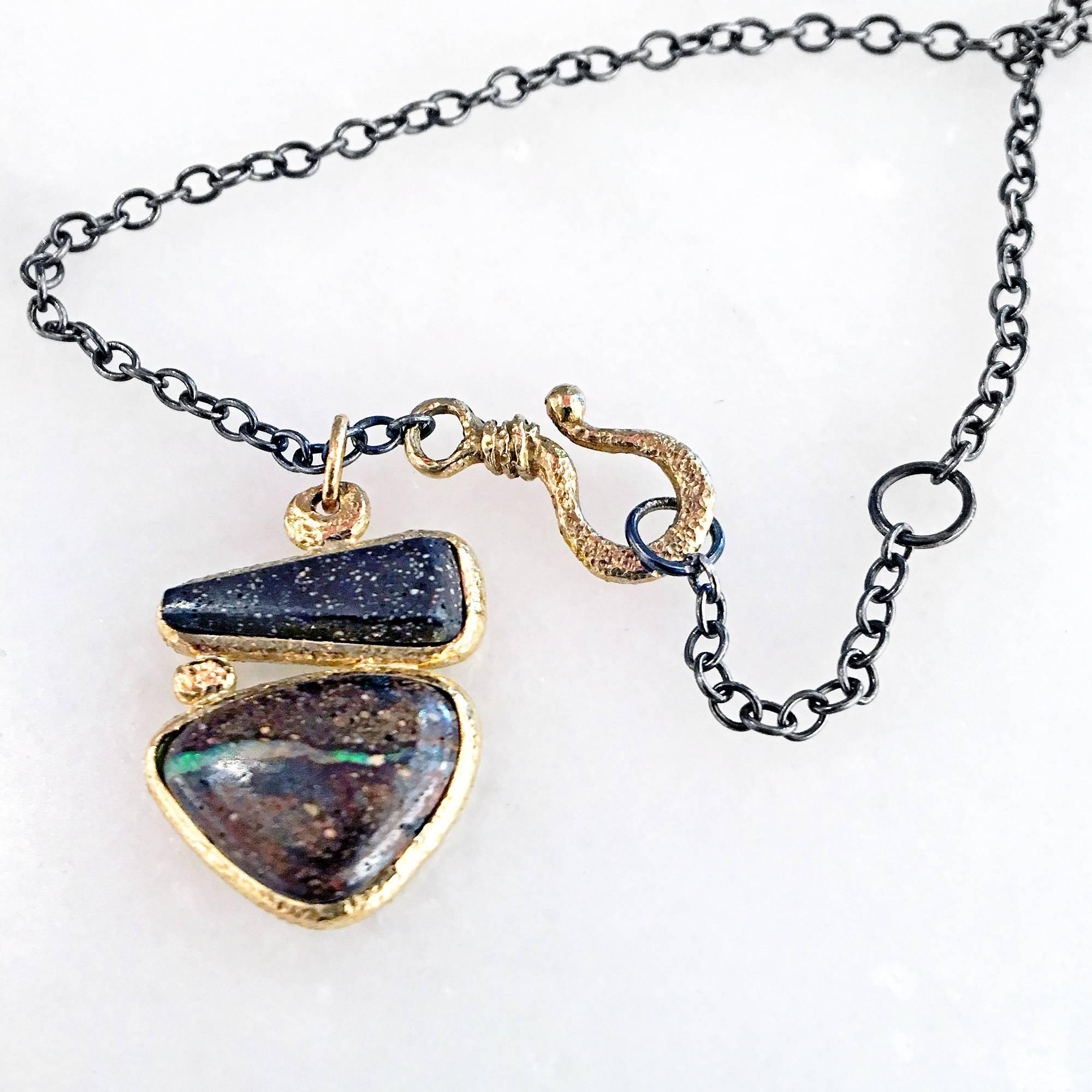 One of a Kind Rona Fisher Fiery Boulder Opal Handmade Gold Silver Drop Necklace In New Condition In Dallas, TX