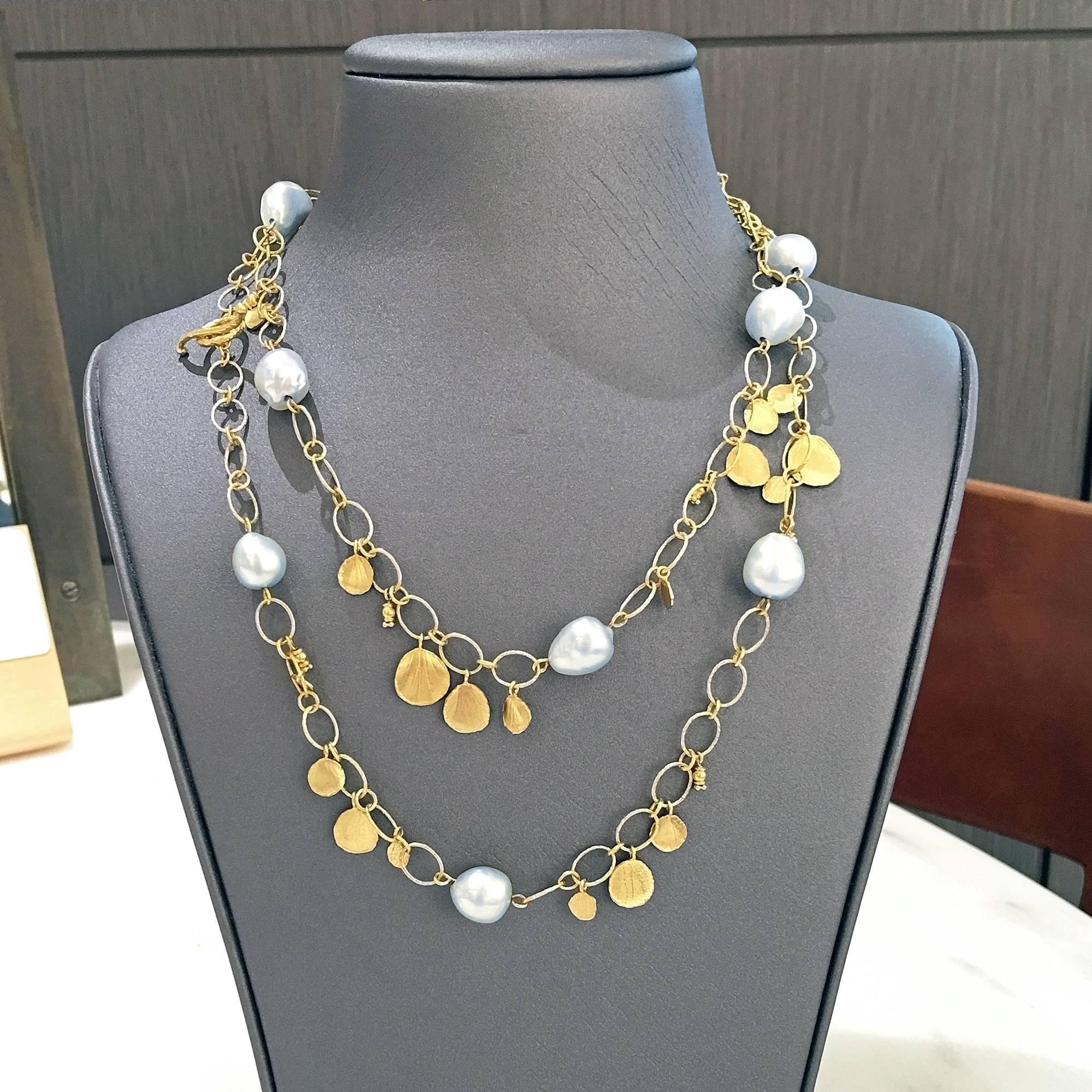 Artist Barbara Heinrich Silver Blue Baroque Pearl Hammered Gold Petal Necklace