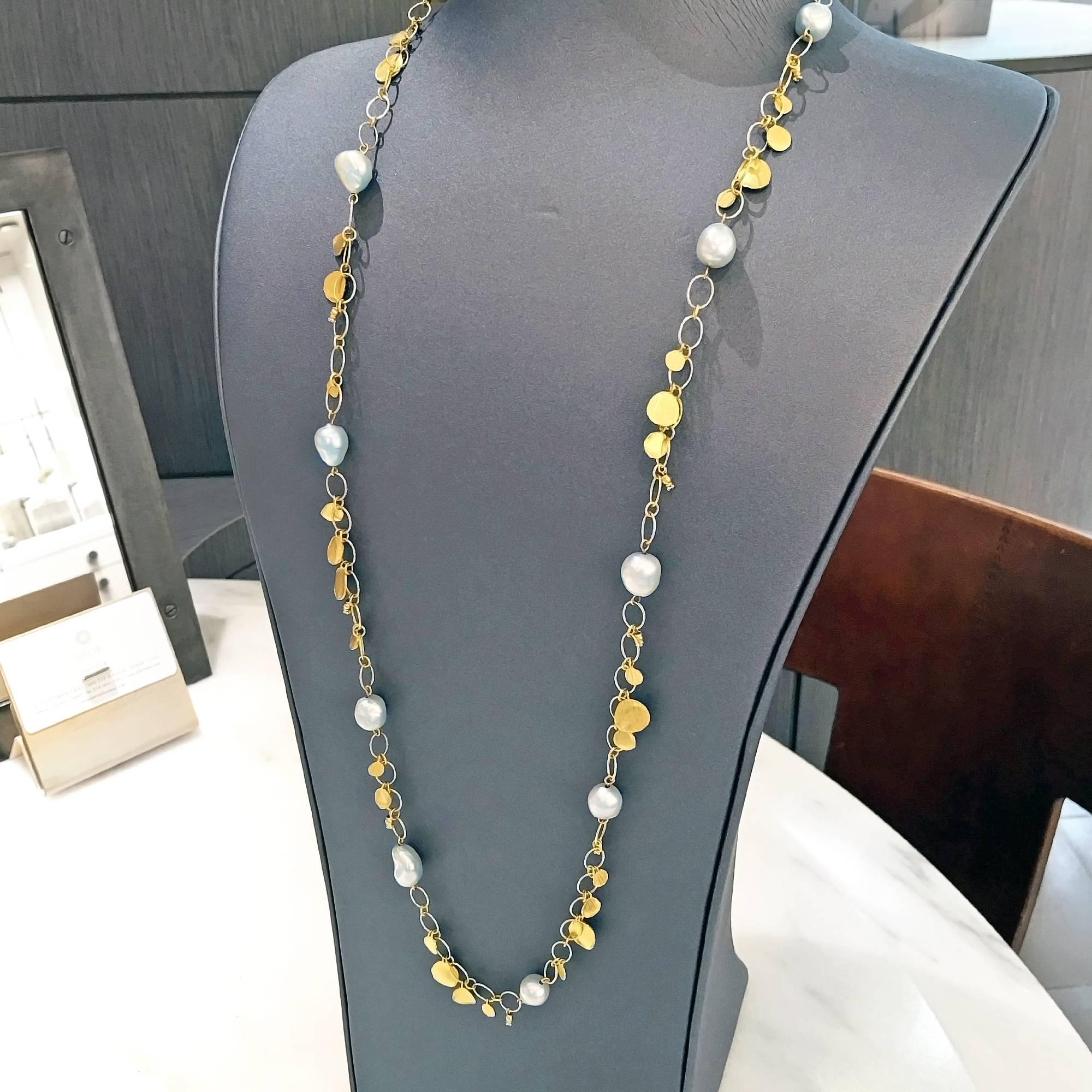 Barbara Heinrich Silver Blue Baroque Pearl Hammered Gold Petal Necklace In New Condition In Dallas, TX
