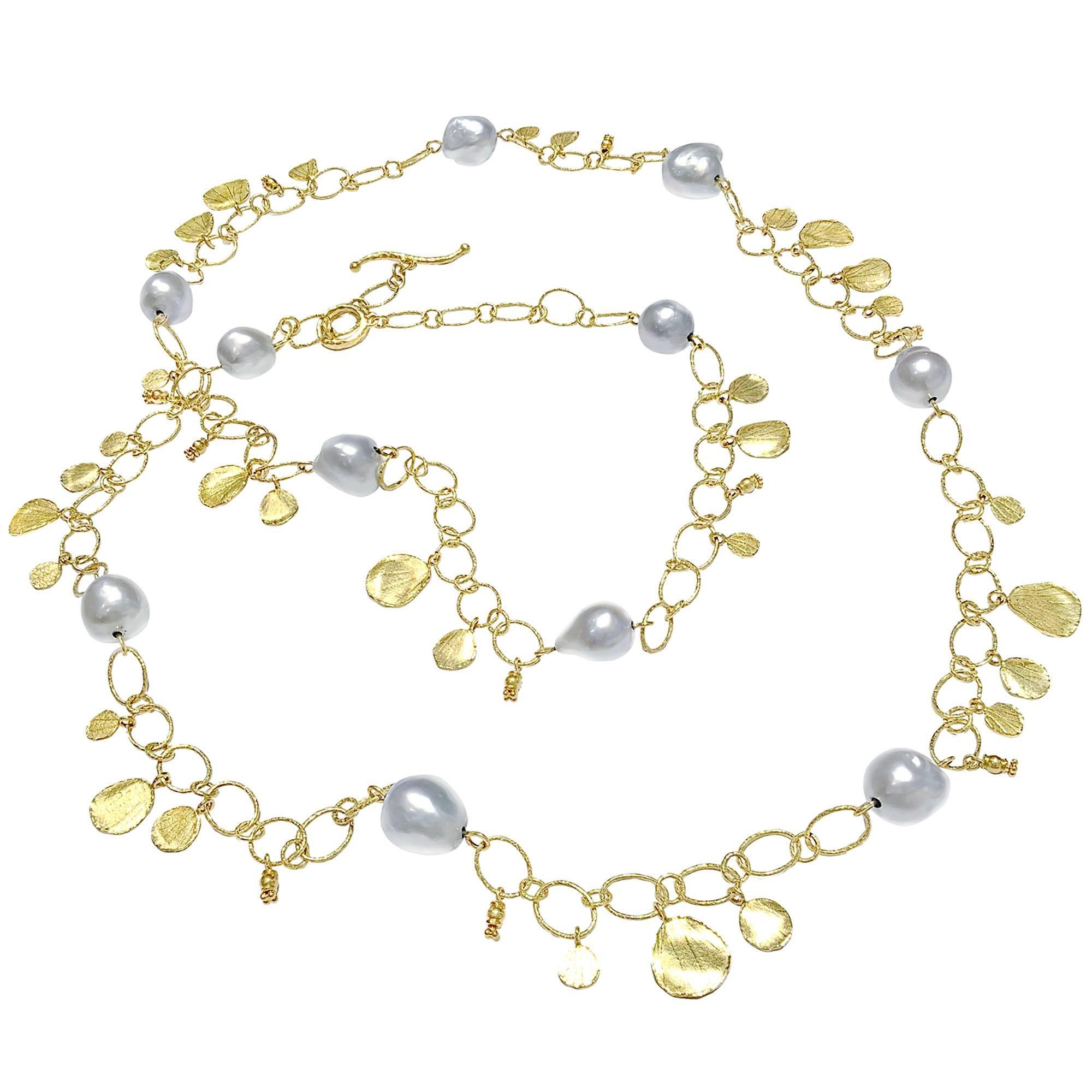 Barbara Heinrich Silver Blue Baroque Pearl Hammered Gold Petal Necklace