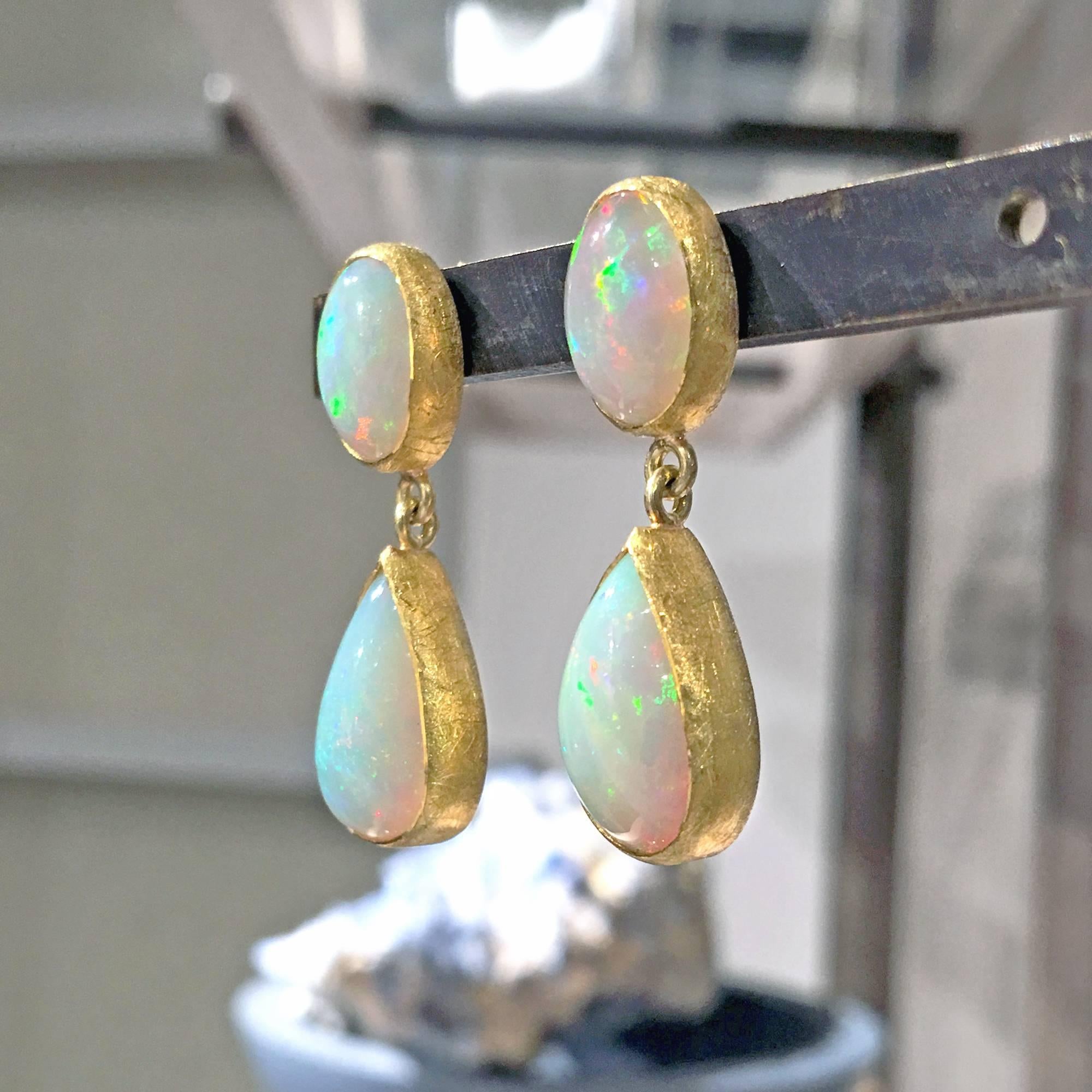 Petra Class One of a Kind Multicolored Fire White Opal Dangle Drop Earrings In New Condition In Dallas, TX