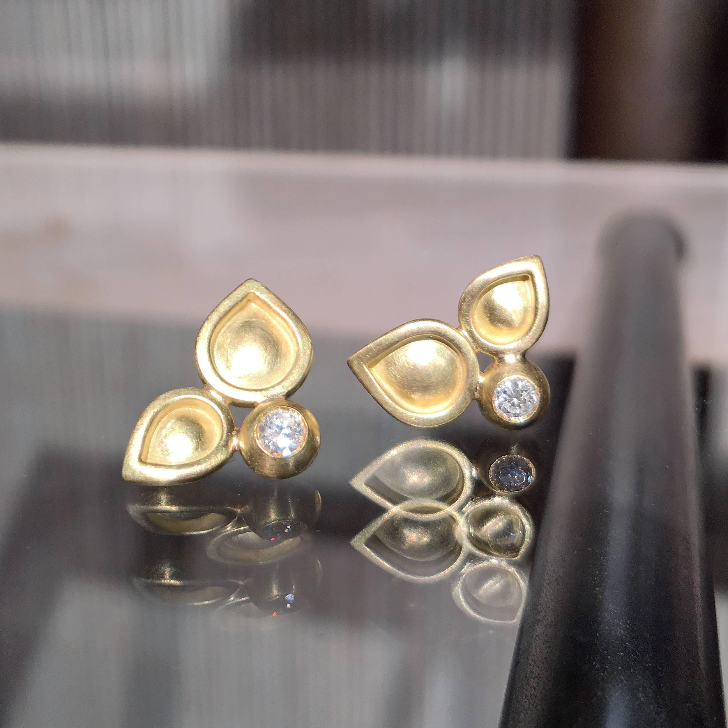 Artist Monica Marcella White Diamond Handmade Matte Gold Stud Earrings