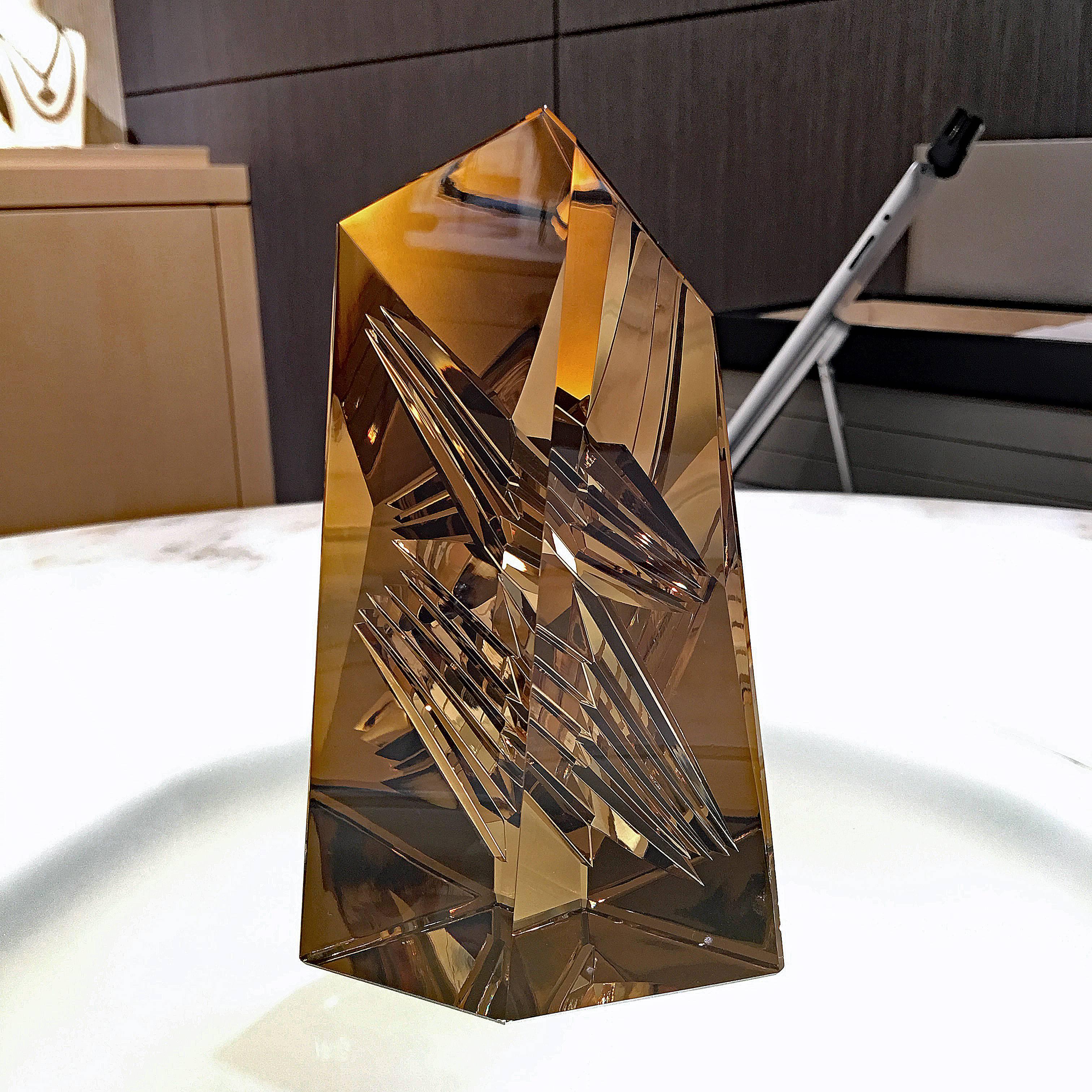One of a Kind Sculpture featuring a massive 4,233.0 carat citrine gemstone masterfully hand-cut in Germany by the Picasso of Gemstones Atelier Munsteiner. Comes with Munsteiner Certificate of Authenticity 