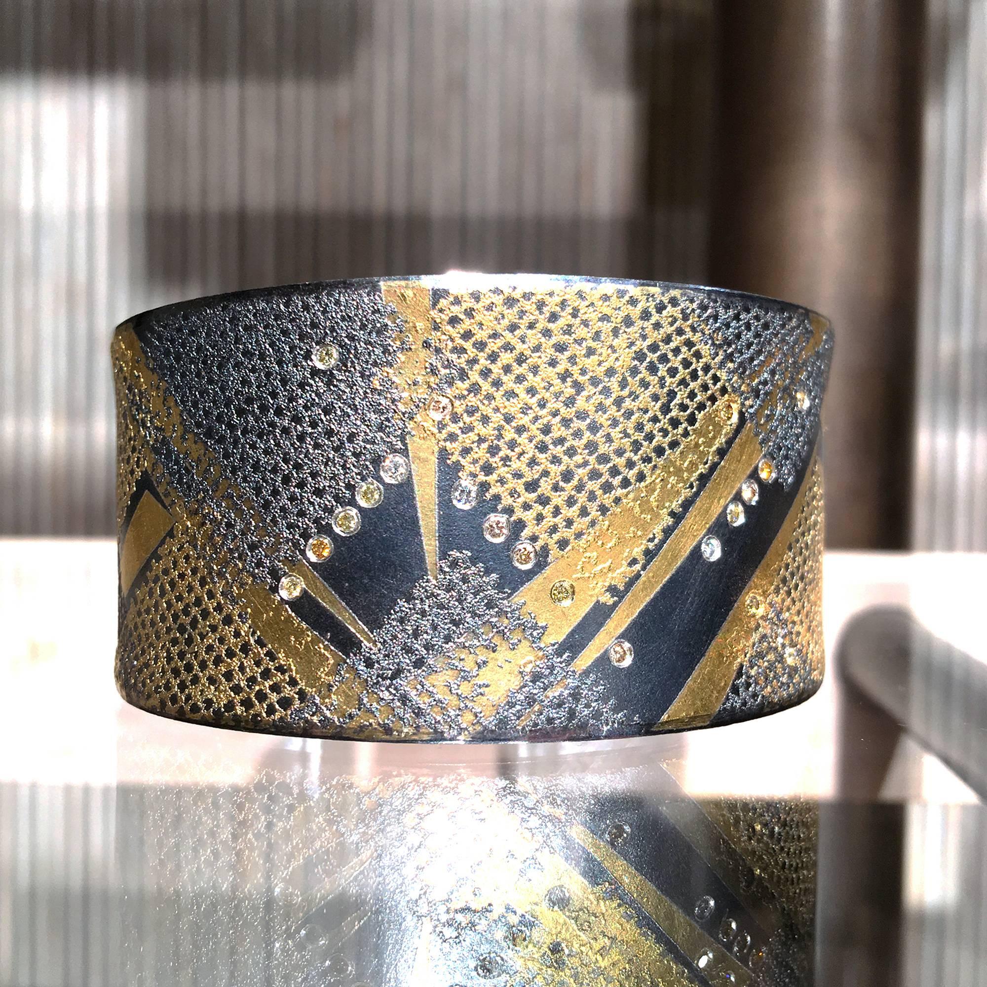 Artist Atelier Zobel Natural Fancy Diamond Gold Oxidized Silver Matrix Cuff Bracelet