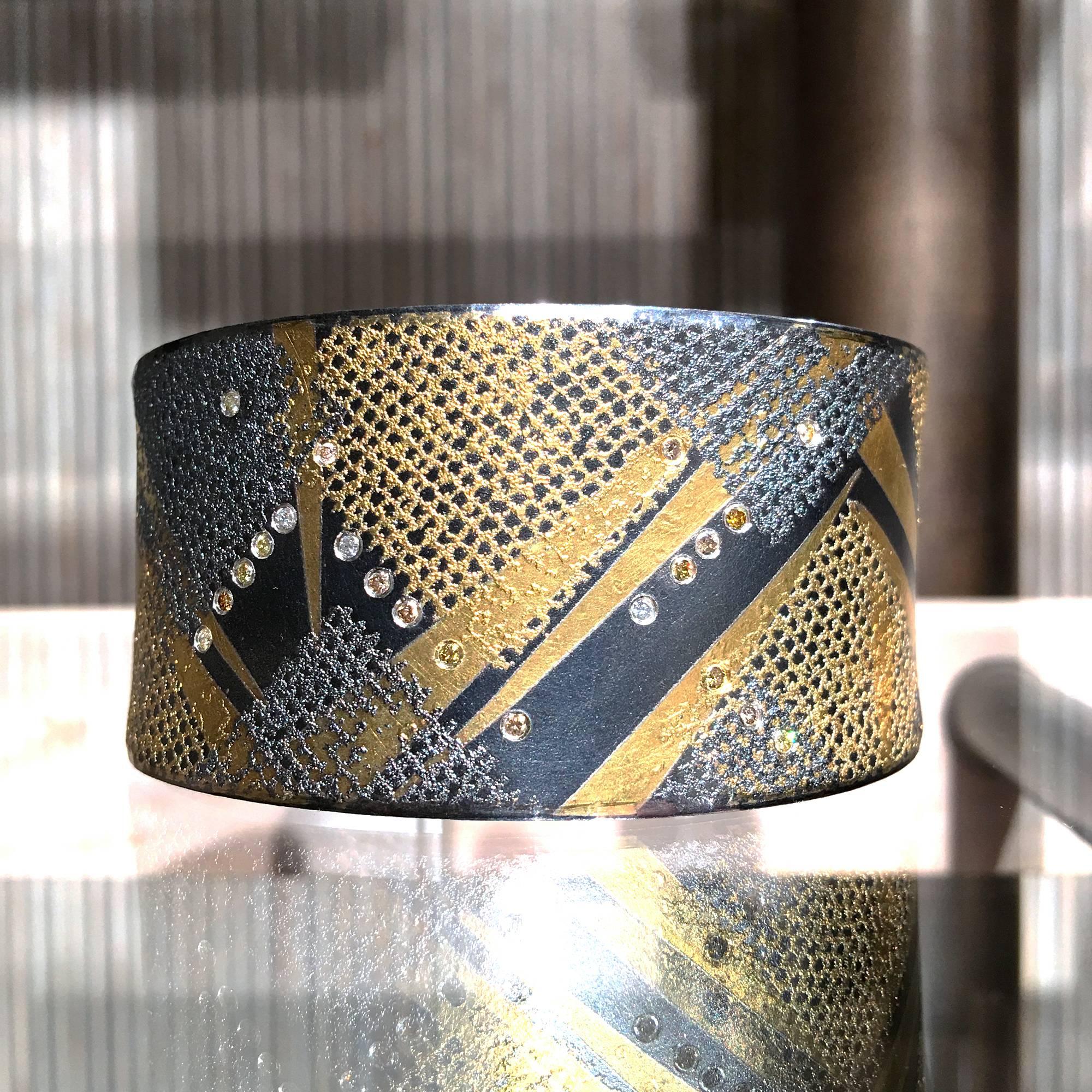 Atelier Zobel Natural Fancy Diamond Gold Oxidized Silver Matrix Cuff Bracelet In Good Condition In Dallas, TX