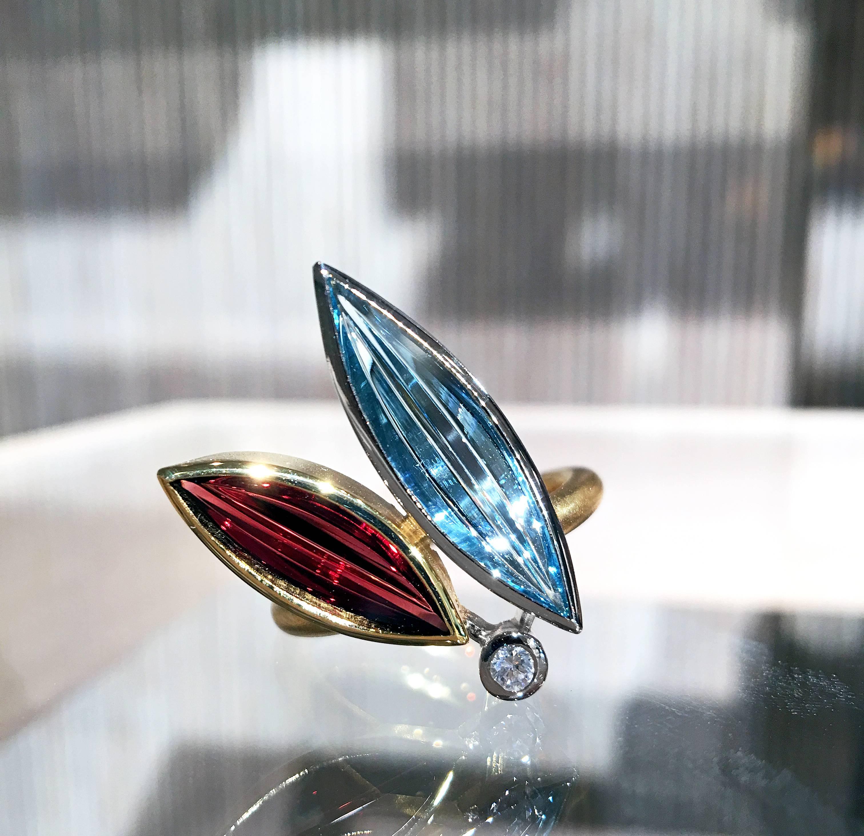 Artisan Atelier Munsteiner Aquamarine Spessartine Garnet Diamond Platinum Gold Ring