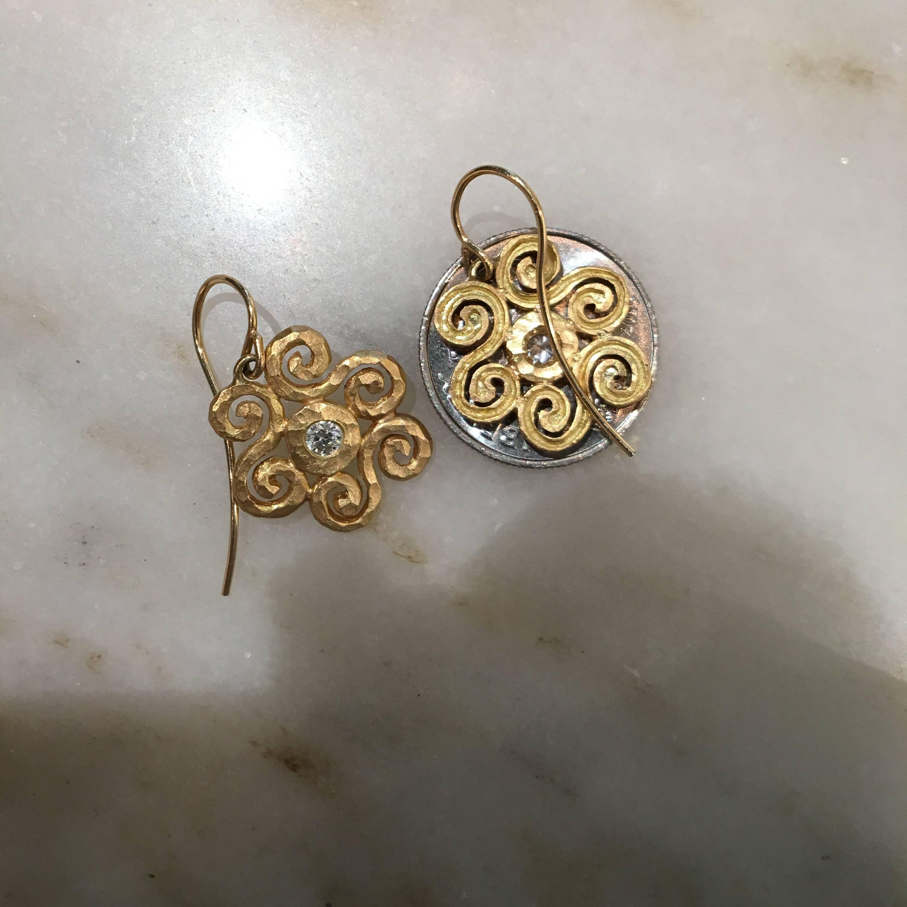 Pamela Froman White Diamond Gold Handmade Scroll Crush Dangle Earrings 1