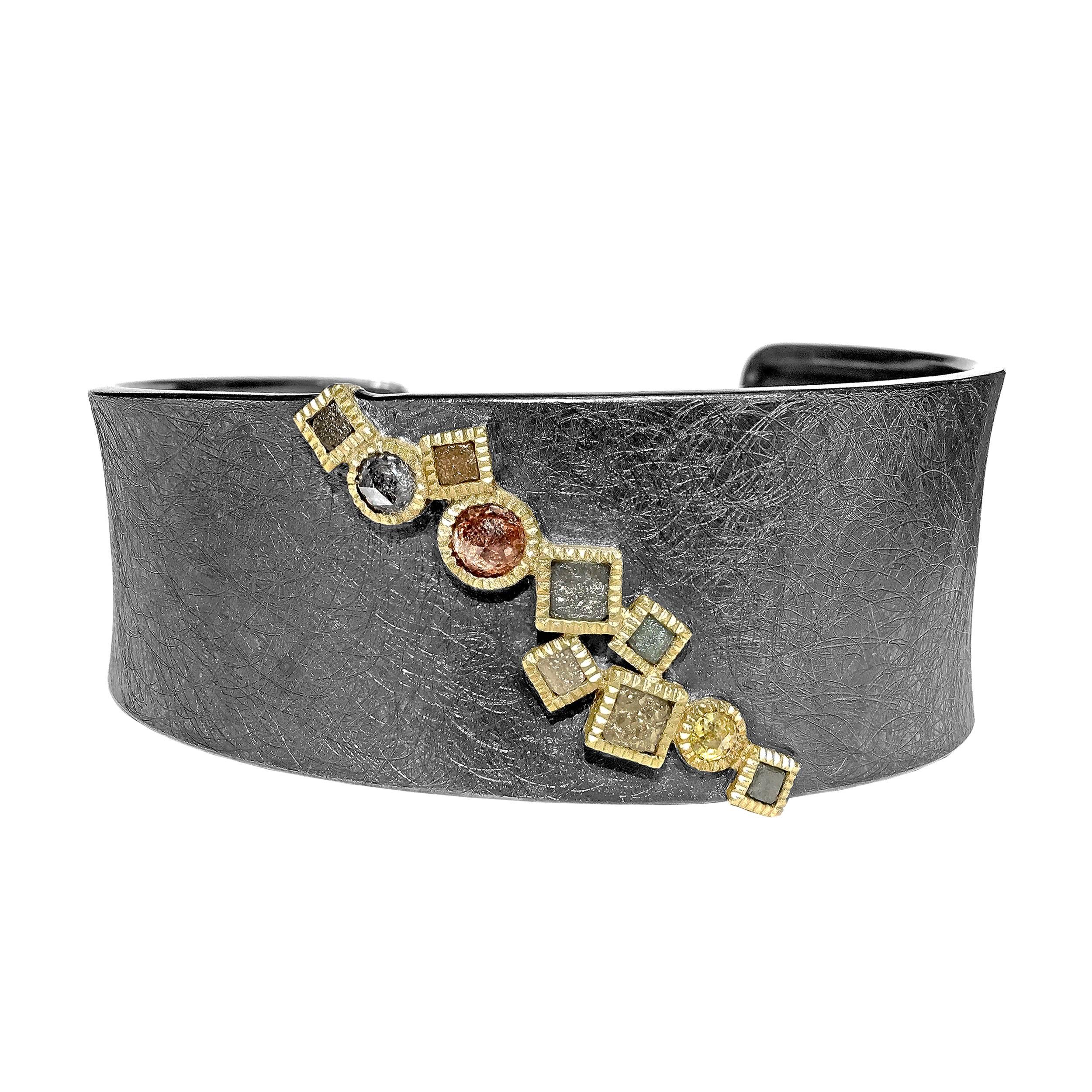 Todd Reed Rose Cut and Raw Diamond Cube Curved Cuff Bracelet