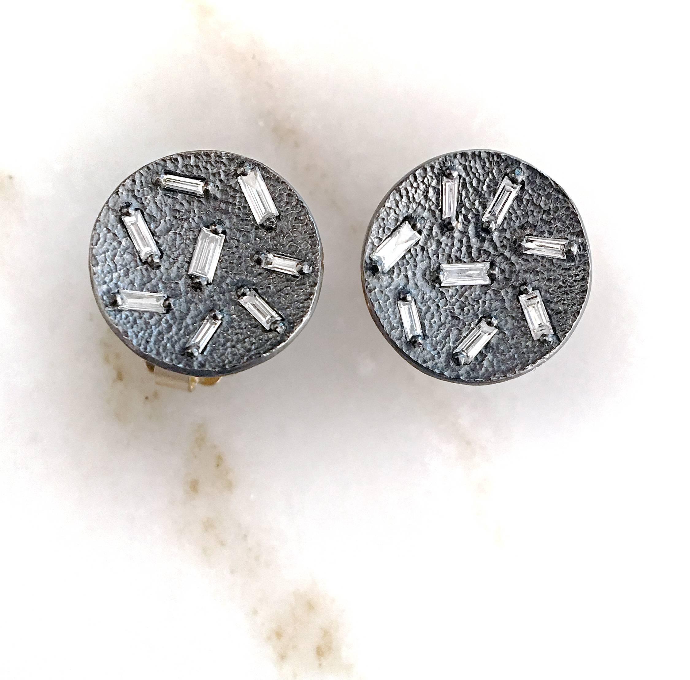 Artist White Diamond Baguette Textured Concave Coin Oxidized Silver Stud Earrings