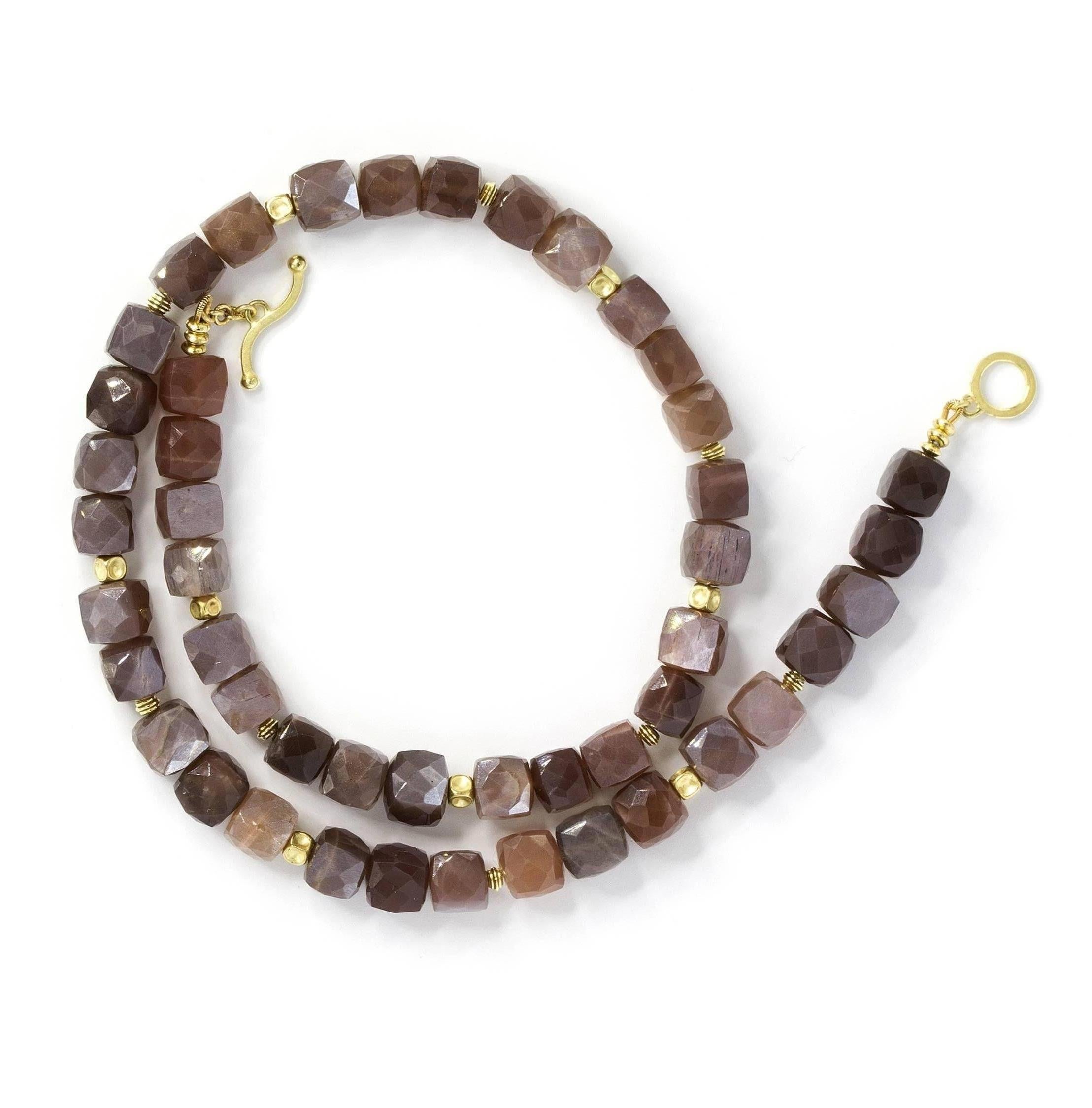 Artist Barbara Heinrich Faceted Glowing Burgundy Moonstone Cube Gold Spacer Necklace