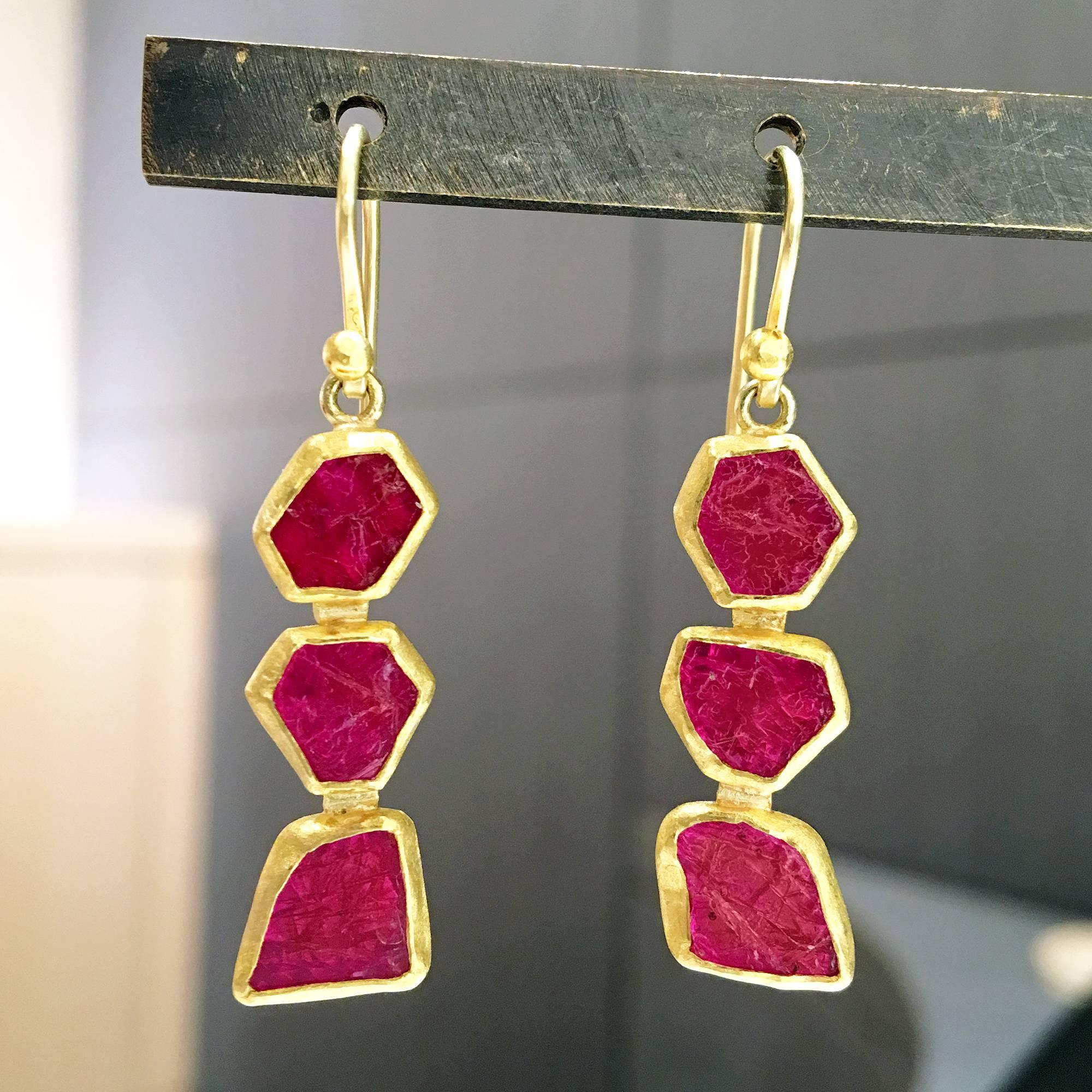 One of a Kind Dangle Earrings handcrafted by Petra Class in her signature matte finished 22k yellow gold featuring six polished deep red ruby crystals totaling 6.3 carats and attached to 18k yellow gold wires. Stamped and hallmarked PC / 22k / 18k /