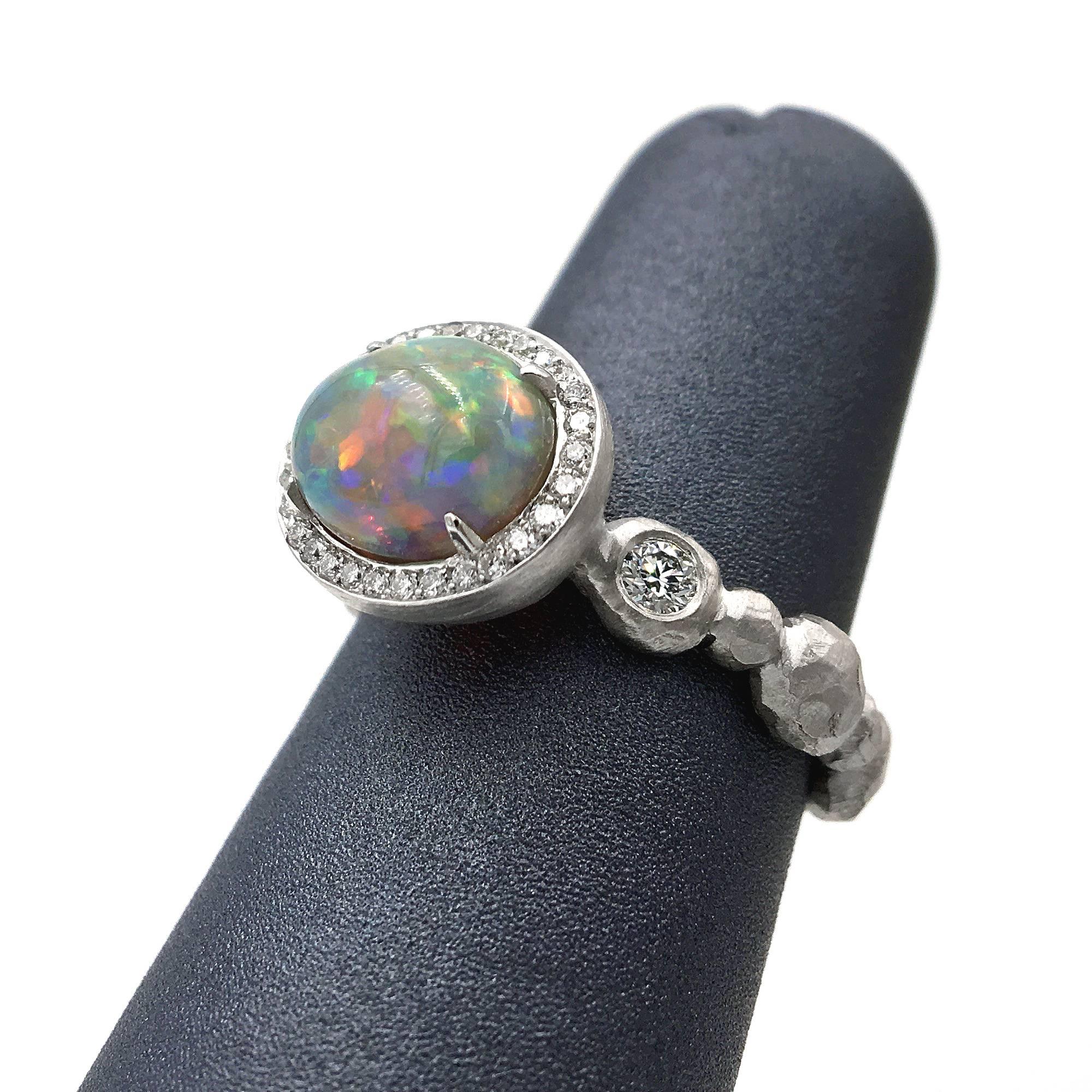 Artist Pamela Froman Exceptional Lightning Ridge Black Opal Crystal White Diamond Ring