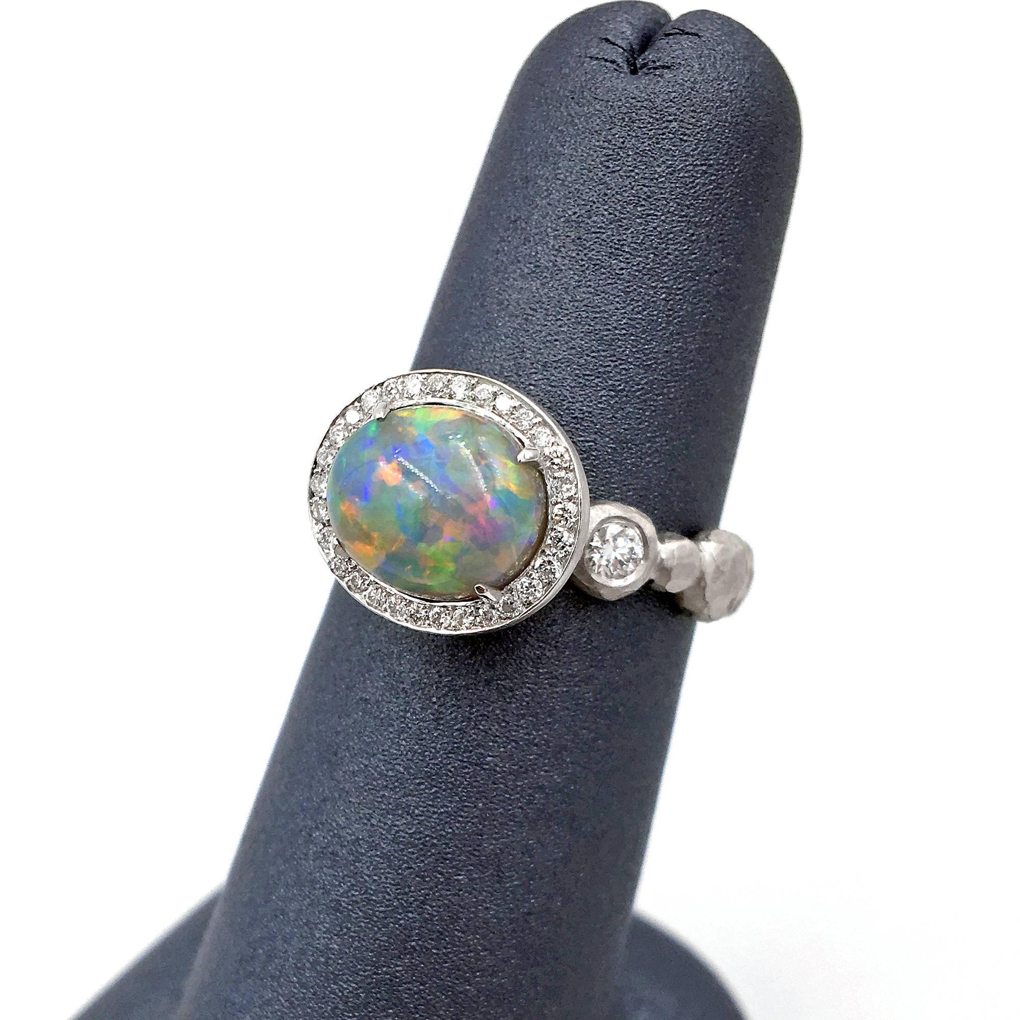 Pamela Froman Exceptional Lightning Ridge Black Opal Crystal White Diamond Ring In New Condition In Dallas, TX