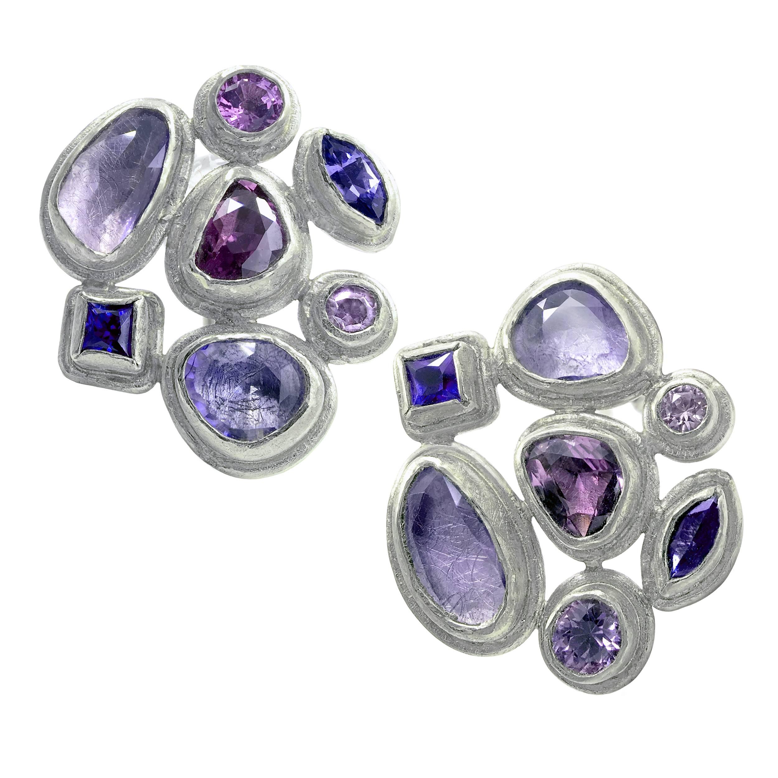 Petra Class Purple Blue Rose Cut and Faceted Sapphire Palladium Stud Earrings