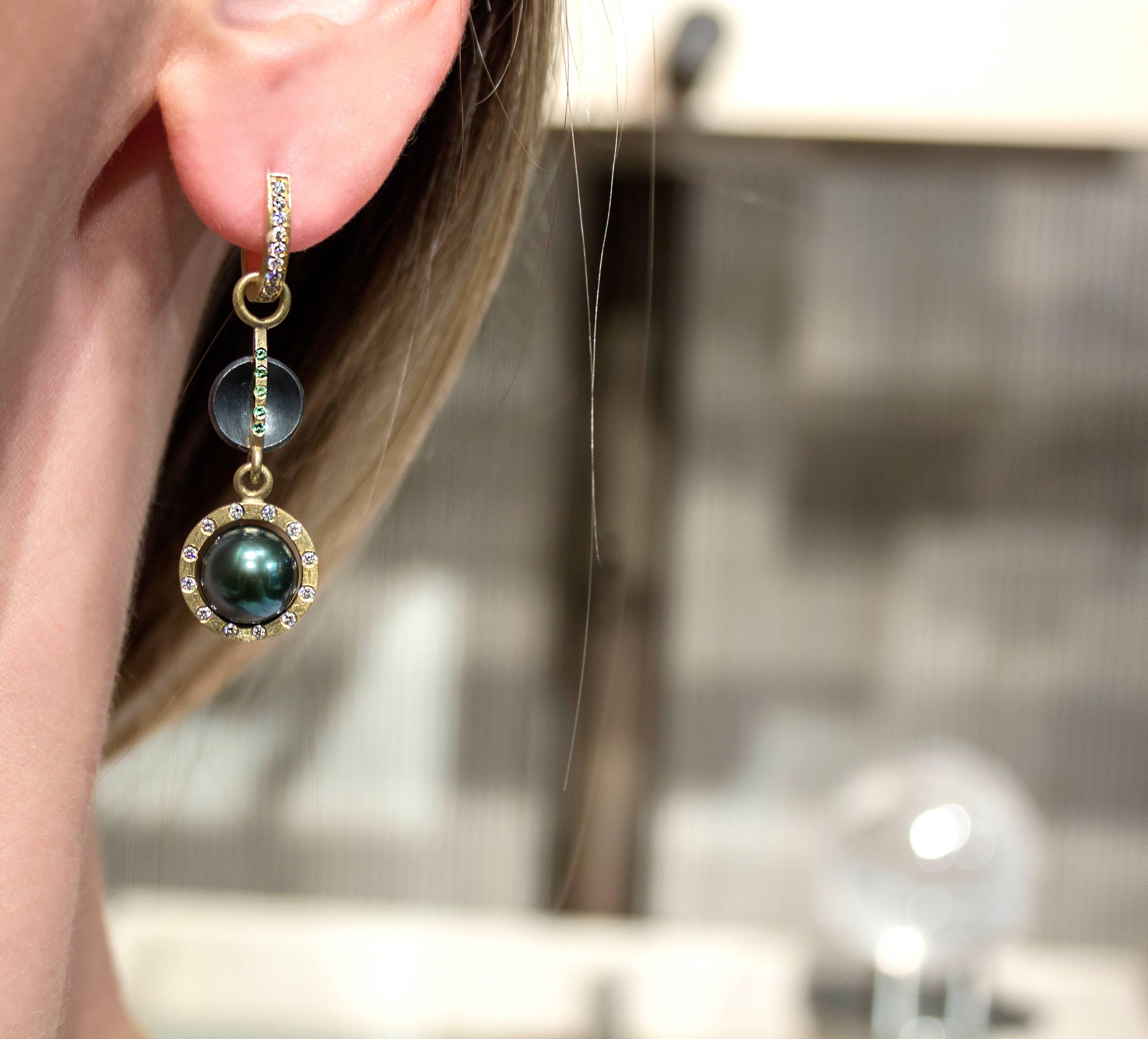 One of a Kind Earrings handcrafted by award-winning jewelry designer Robin Waynee with detachable drops featuring a lustrous matched pair of 9.25mm deep green peacock Tahitian pearls surrounded by 0.24 total carats of round brilliant-cut F/vs1