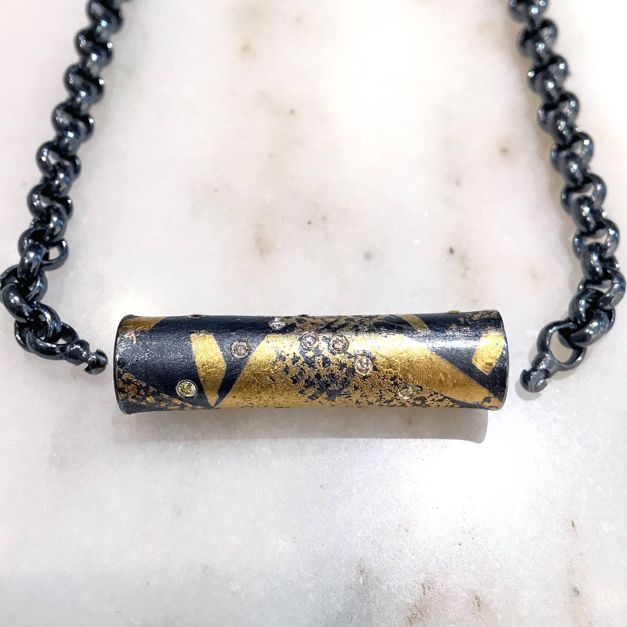 Zobel Natural Color Diamond Hidden Clasp Gold Black Silver Chain Barrel Necklace In New Condition In Dallas, TX