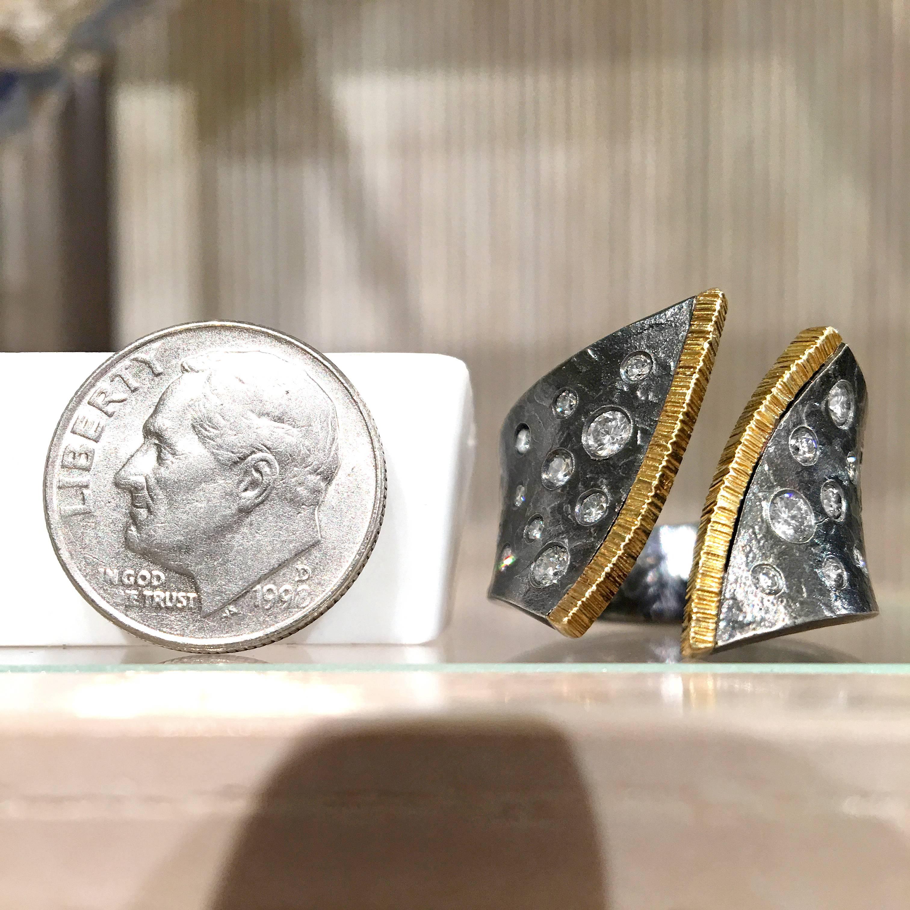 Diamond Oxidized Silver Yellow Gold Open Cyclone Band Ring In New Condition In Dallas, TX