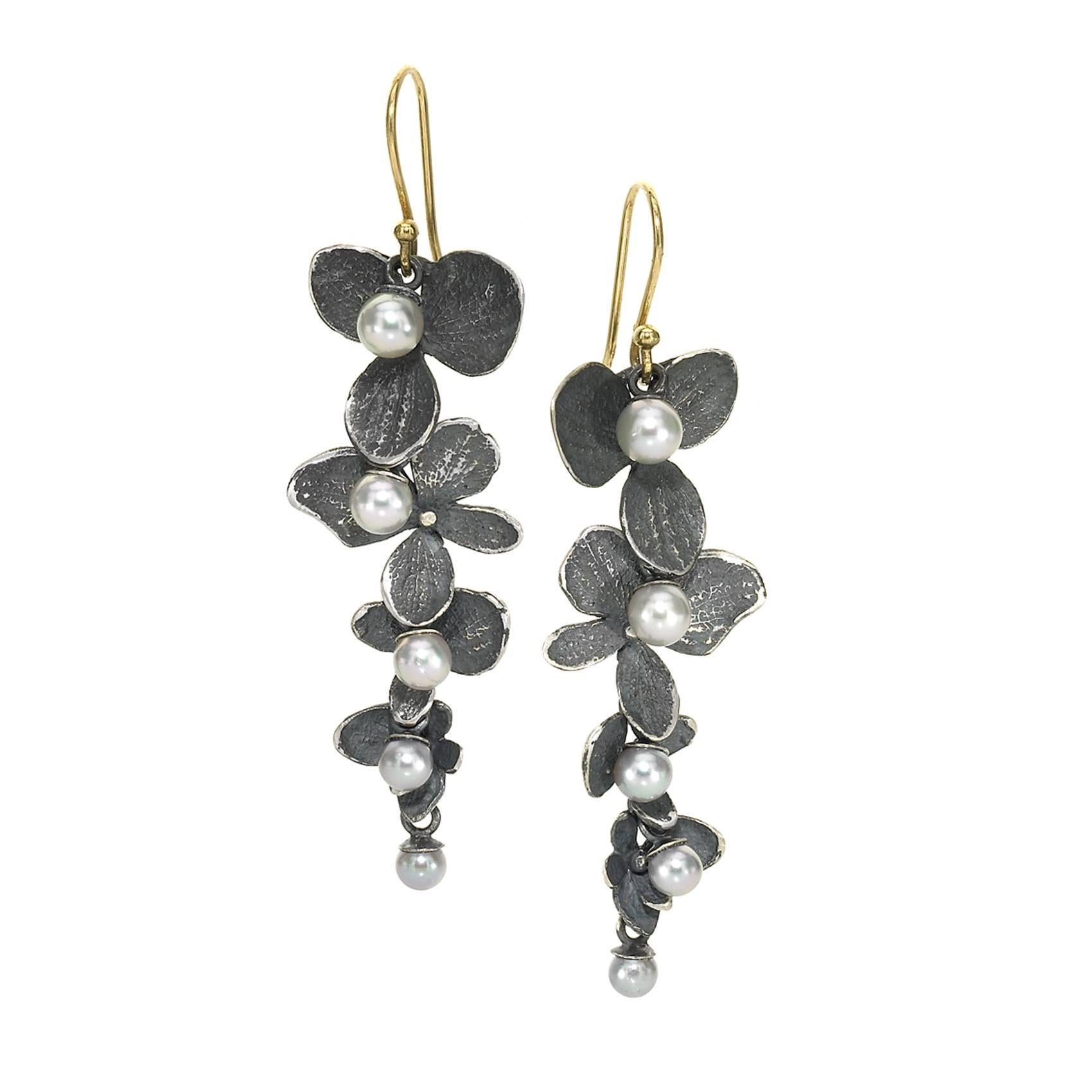 John Iversen Silver Pearl Oxidized Silver Hydrangea Petal Drop Earrings