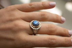 Rona Fisher Labradorite Dome Rose Gold White Diamond Hammered Silver Ring