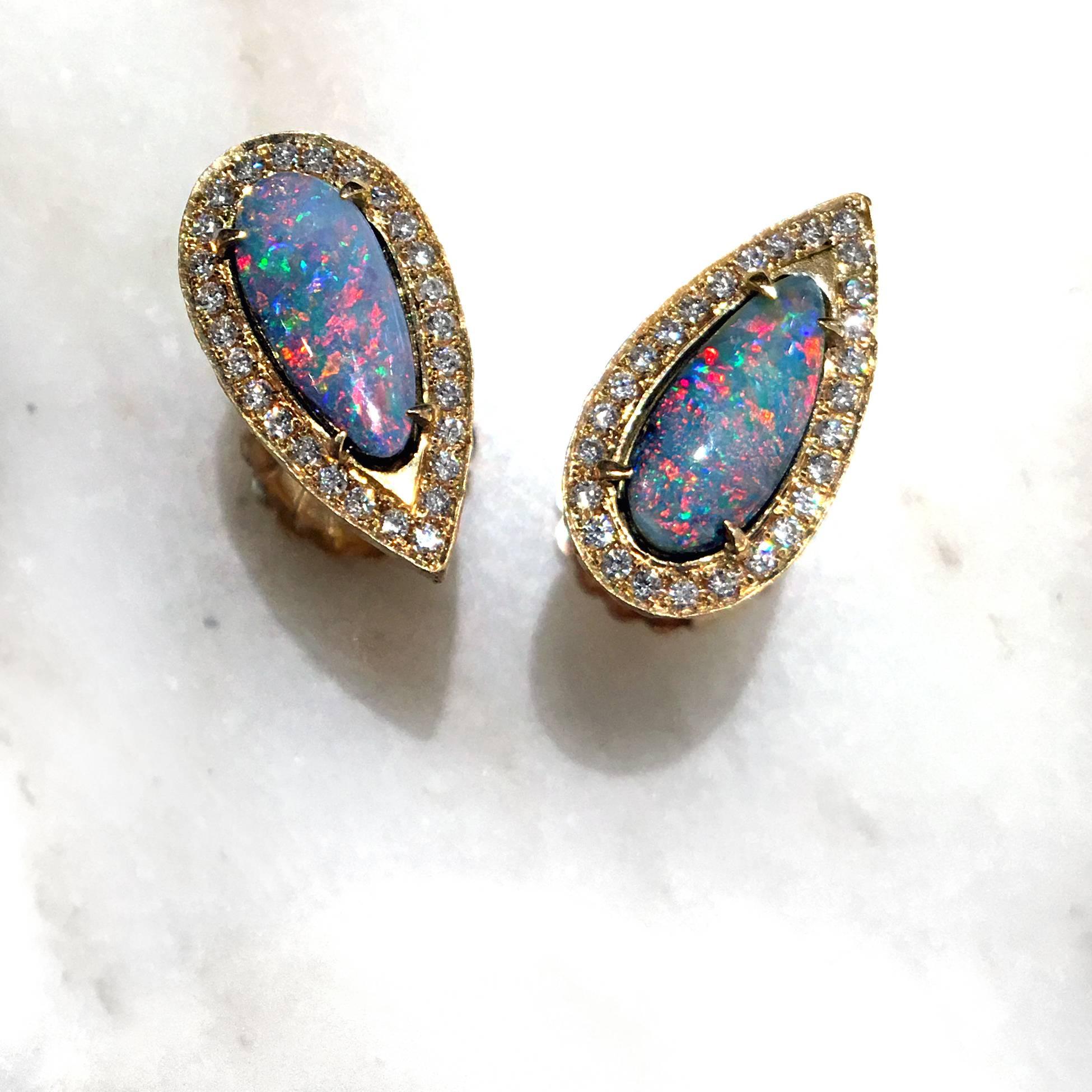 Pear Cut Pamela Froman Boulder Opal White Diamond Detachable Rose Quartz Drop Earrings