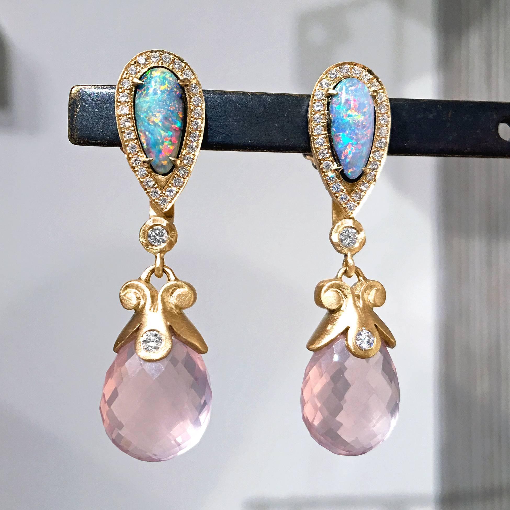 Versatile One of a Kind Stud Earrings handmade in signature-finished 18k yellow gold by award-winning jewelry designer Pamela Froman showcasing a matched pair of fiery Australian boulder opals totaling 2.26 carats surrounded by 0.27 total carats of