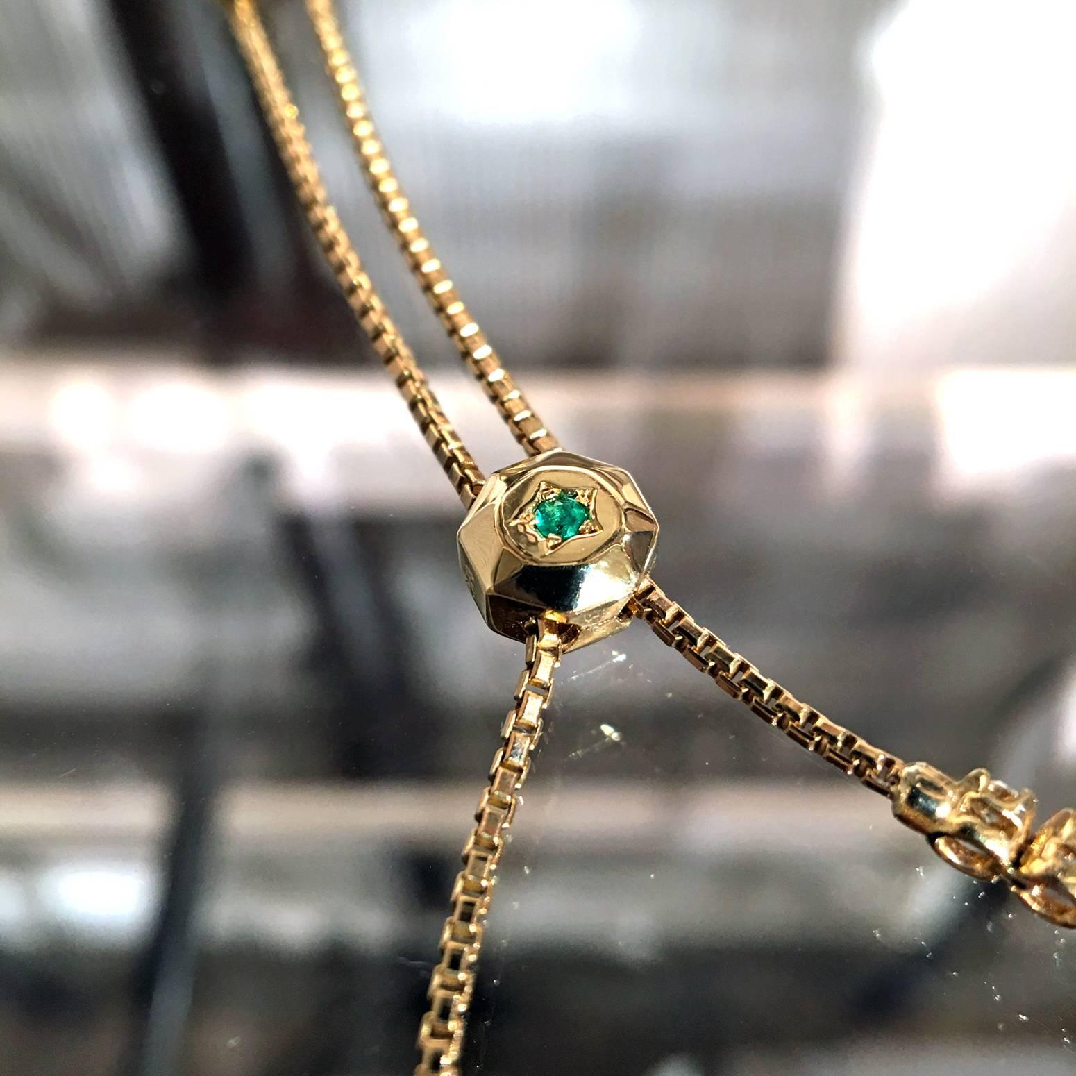 Artist Fern Freeman One of a Kind Emerald and Diamond Gold Box Chain Bolo Bracelet