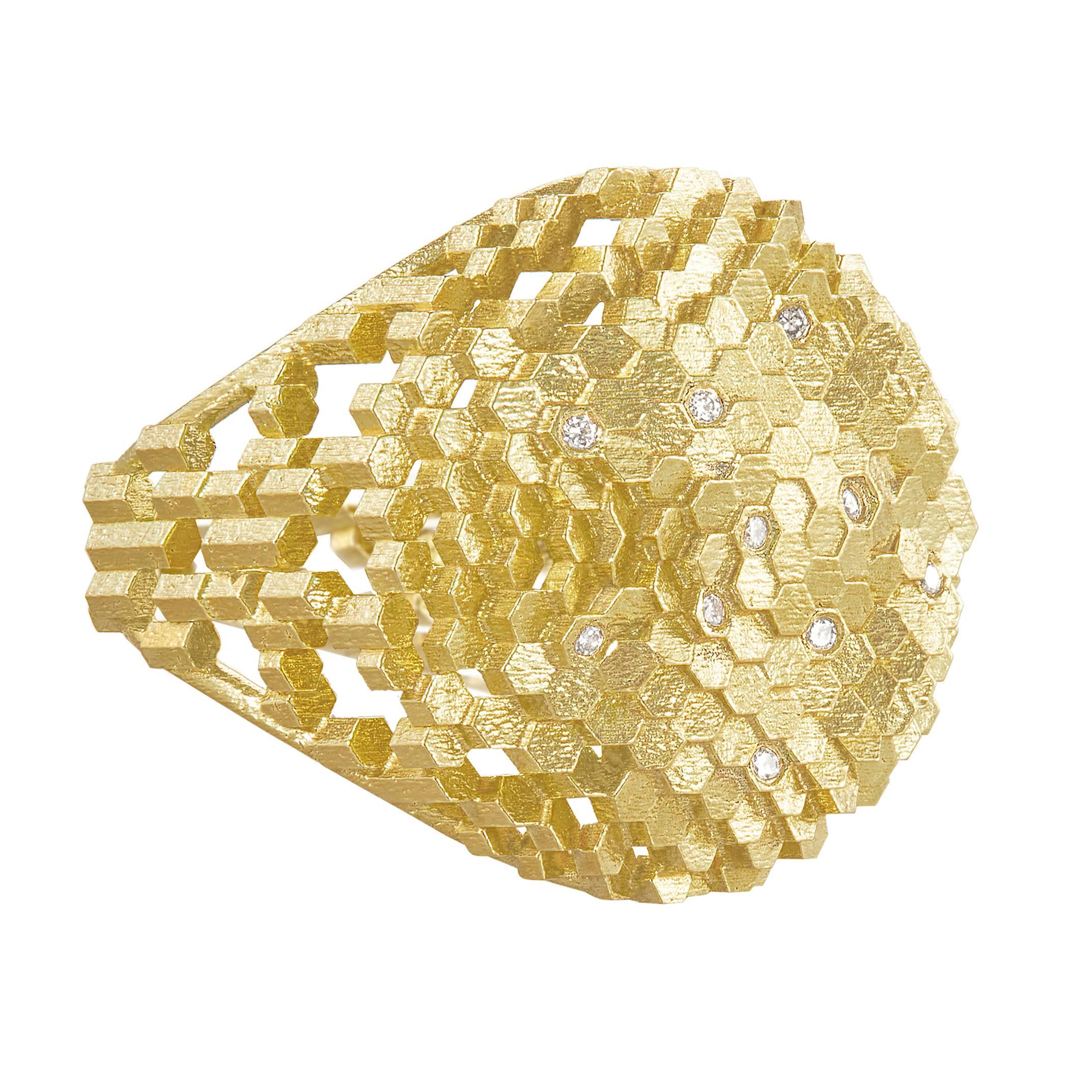 Jo Hayes Ward White Diamond Hex Dome Structures Reflective Gold Ring