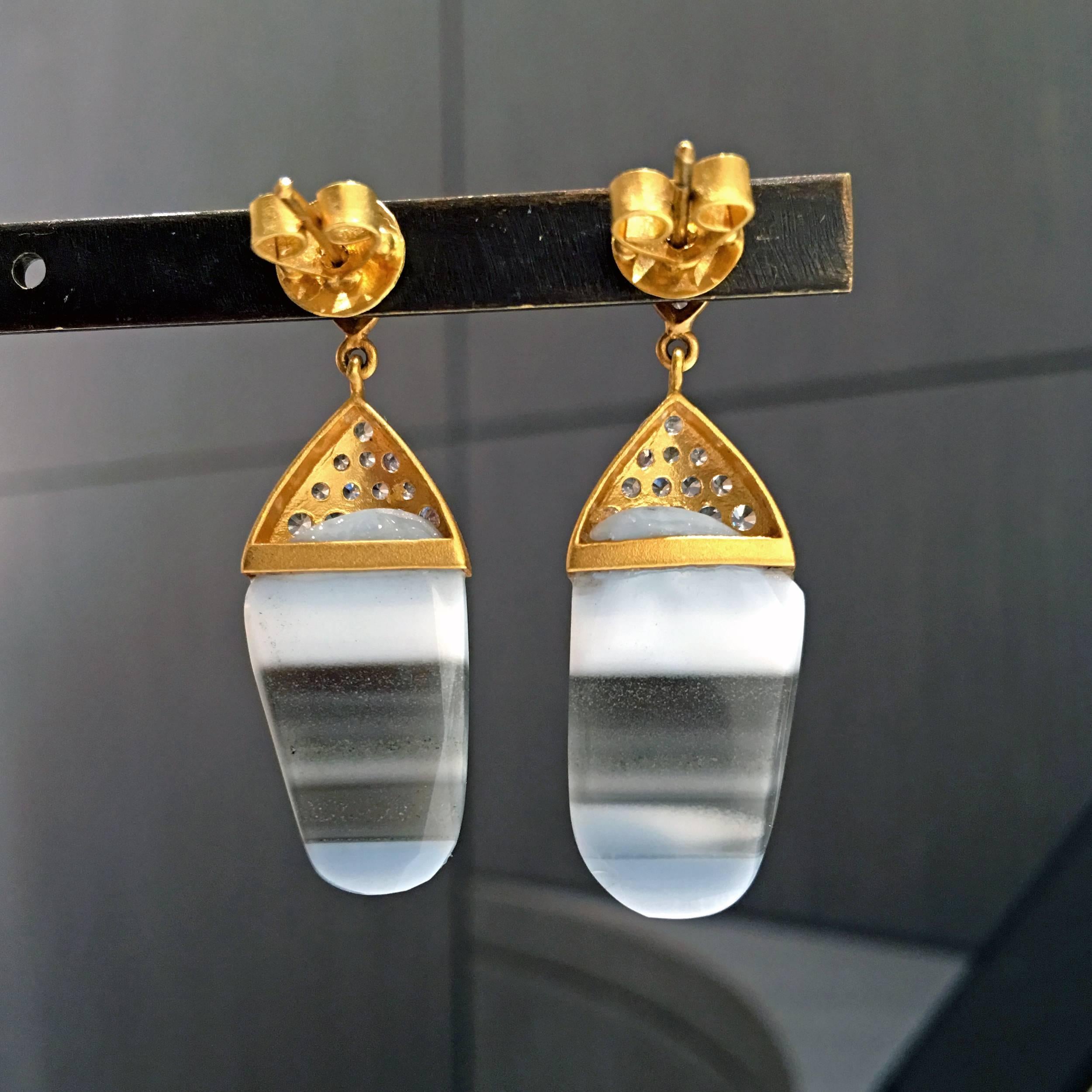 Artist Lauren Harper One of a Kind Striped African Opal White Sapphire Gold Earrings