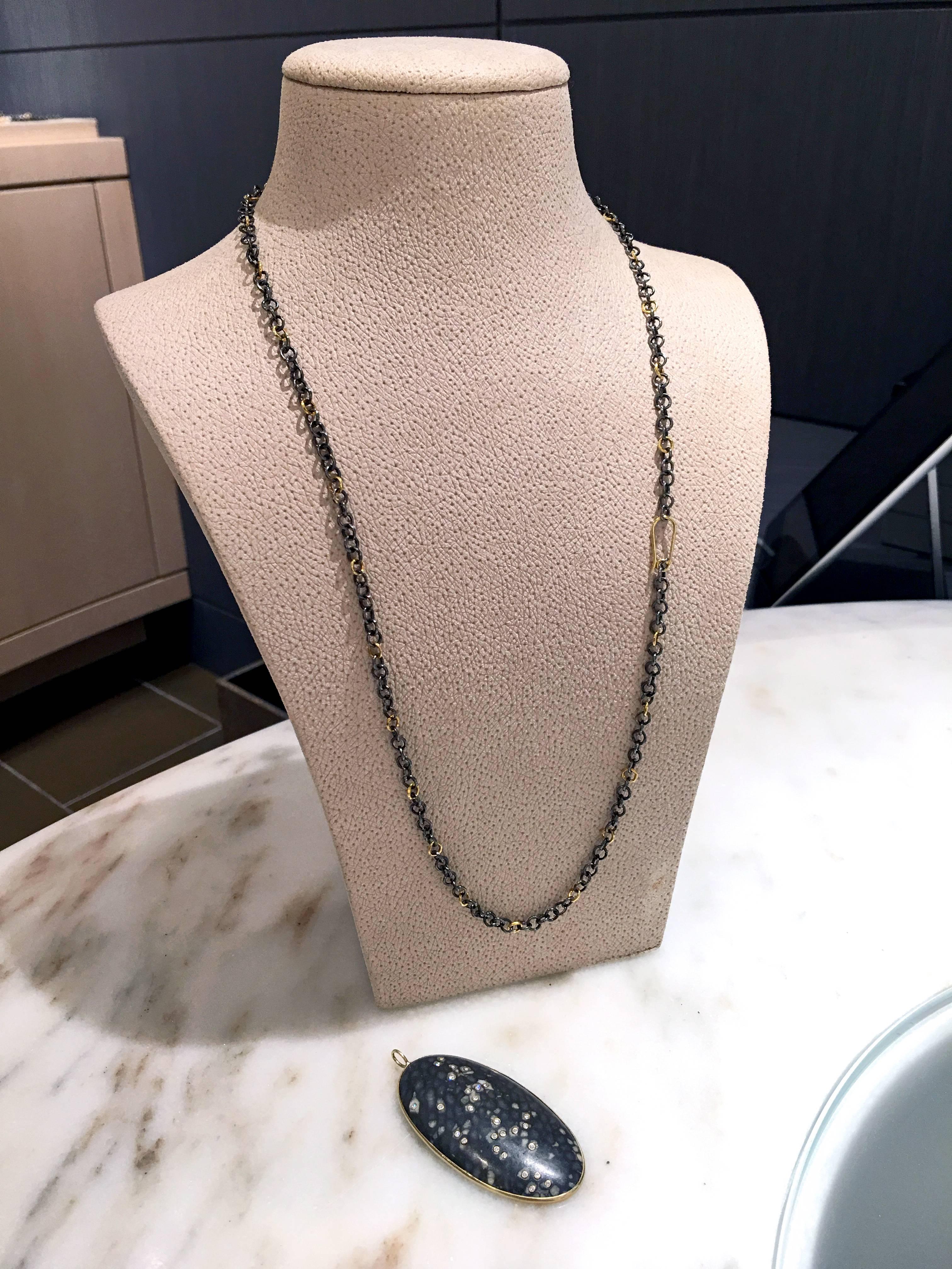 Oval Cut Kothari Diamond Embedded Alaskan Coral One of a Kind Black and Gold Necklace