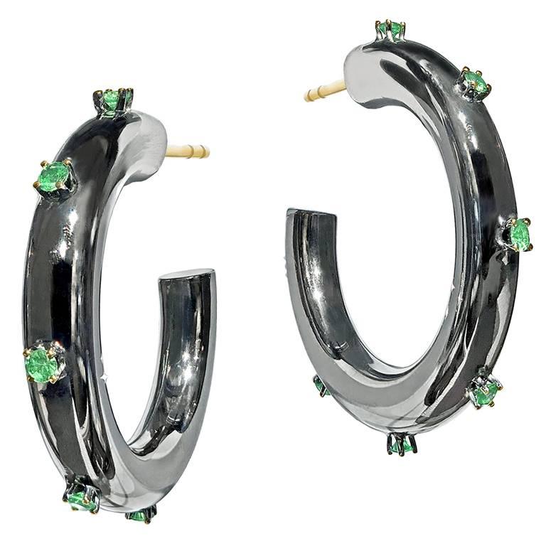 Fern Freeman Black Rhodium Mirror Tsavorite Garnet Yellow Gold Hoop Earrings