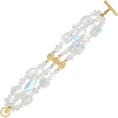 Pamela Froman Rainbow Moonstone White Diamond Gold Triple Scroll Bracelet