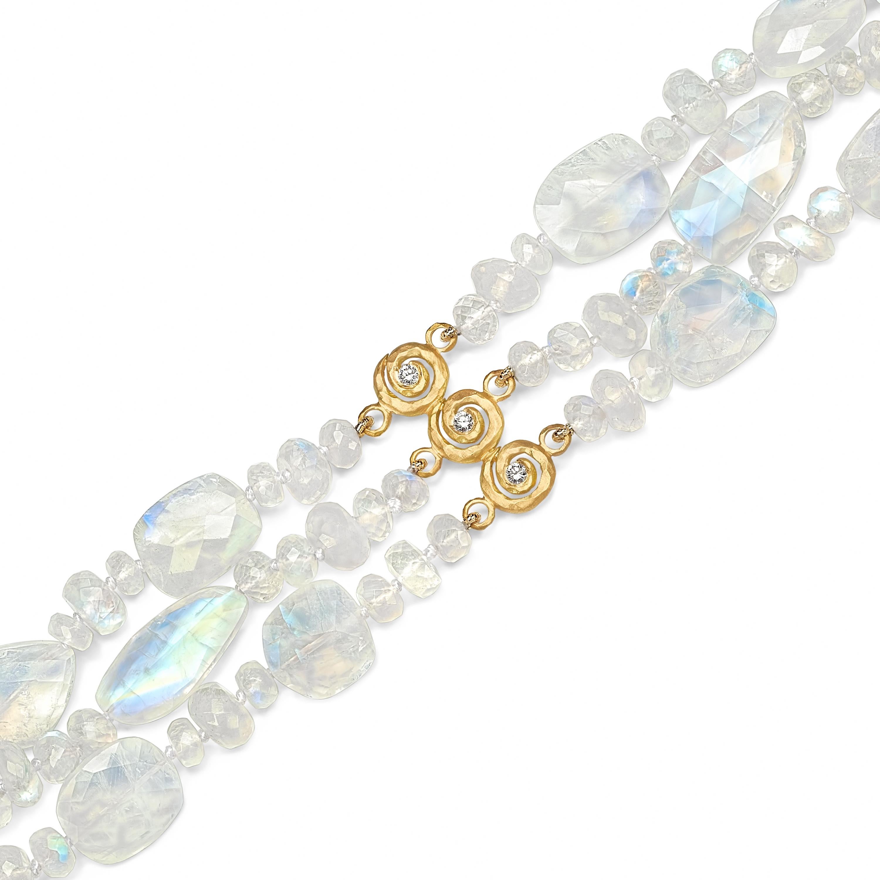 Artist Pamela Froman Rainbow Moonstone White Diamond Gold Triple Scroll Bracelet