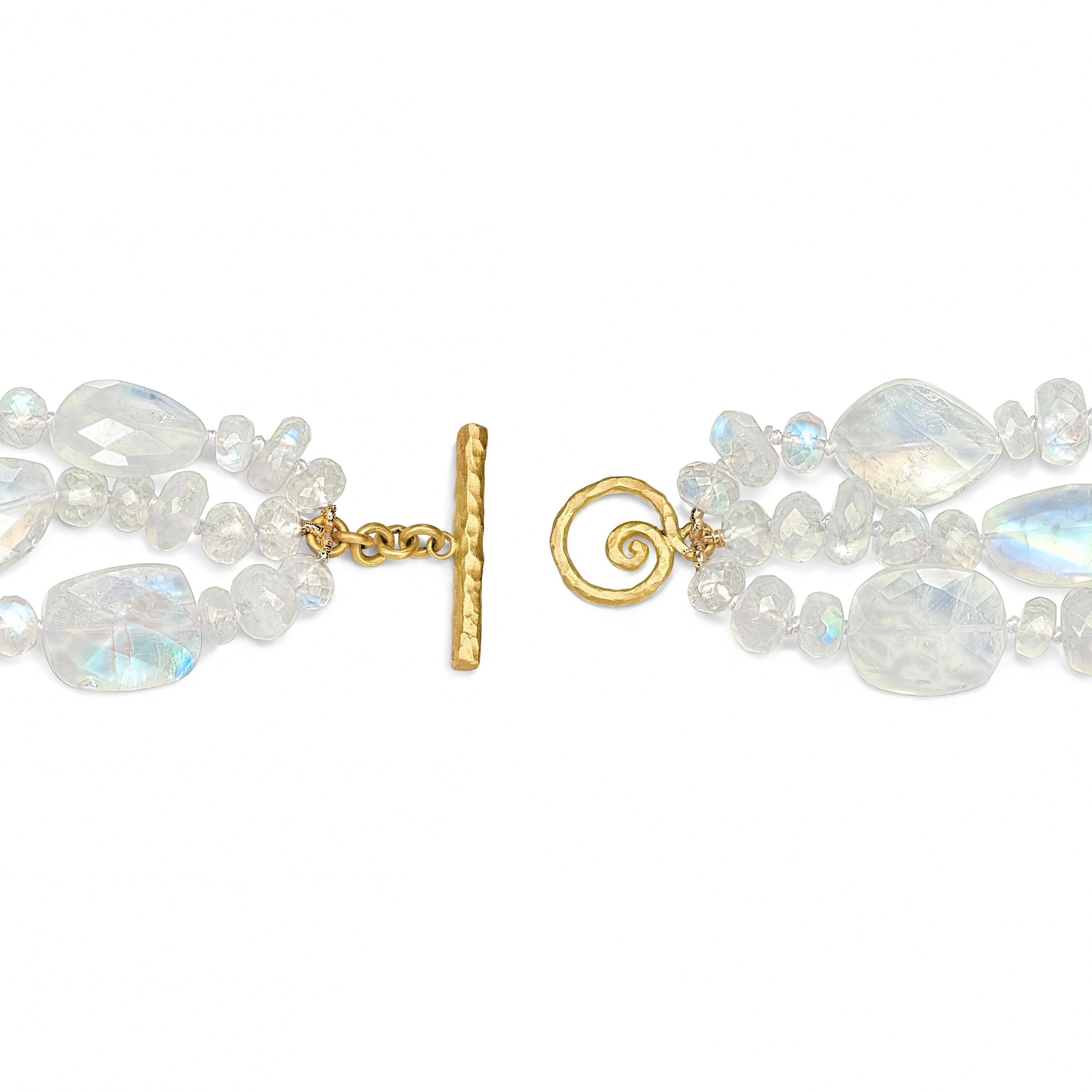 Round Cut Pamela Froman Rainbow Moonstone White Diamond Gold Triple Scroll Bracelet