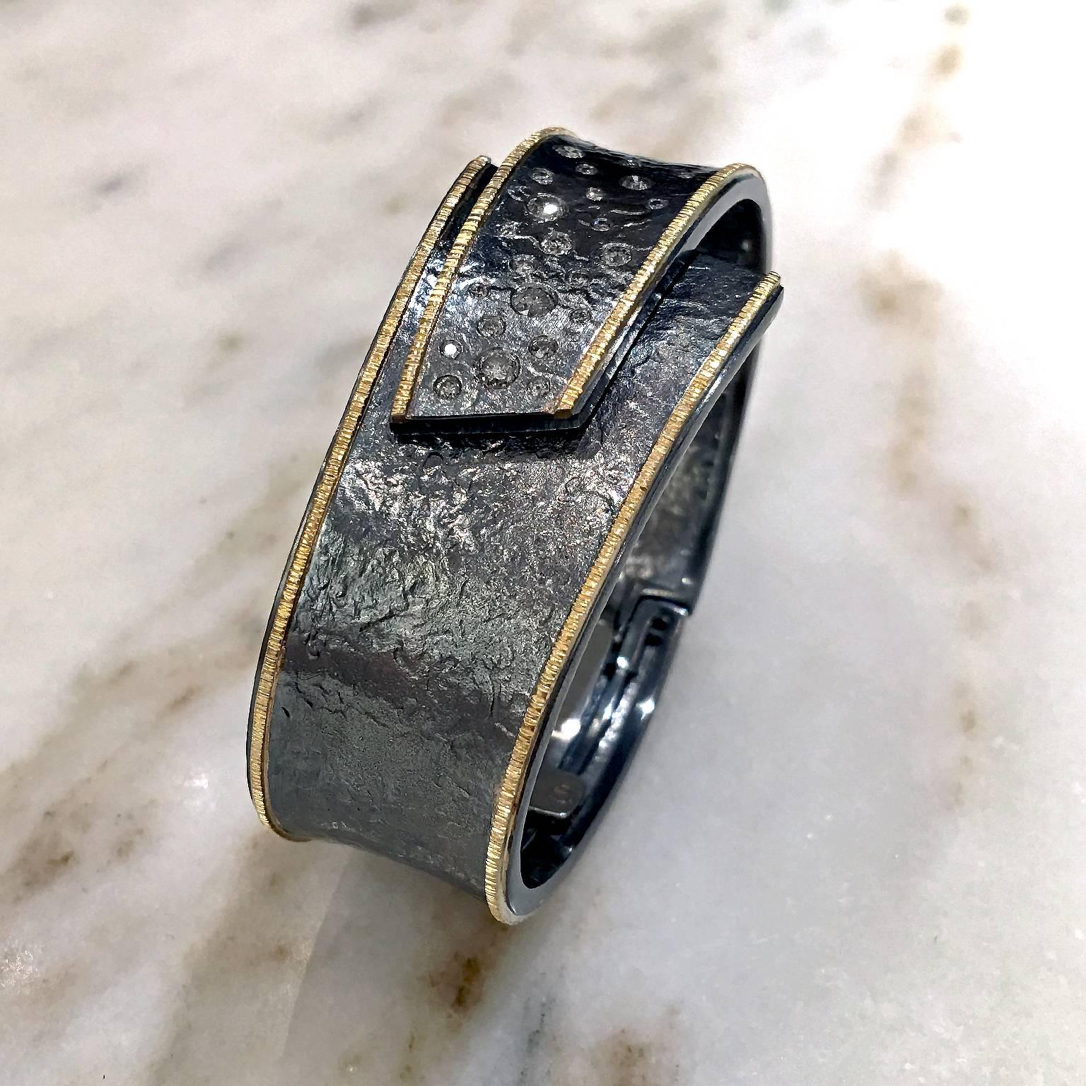 Round Cut Elizabeth Garvin Diamond Embedded Silver Gold Hinged Cuff Cyclone Bracelet