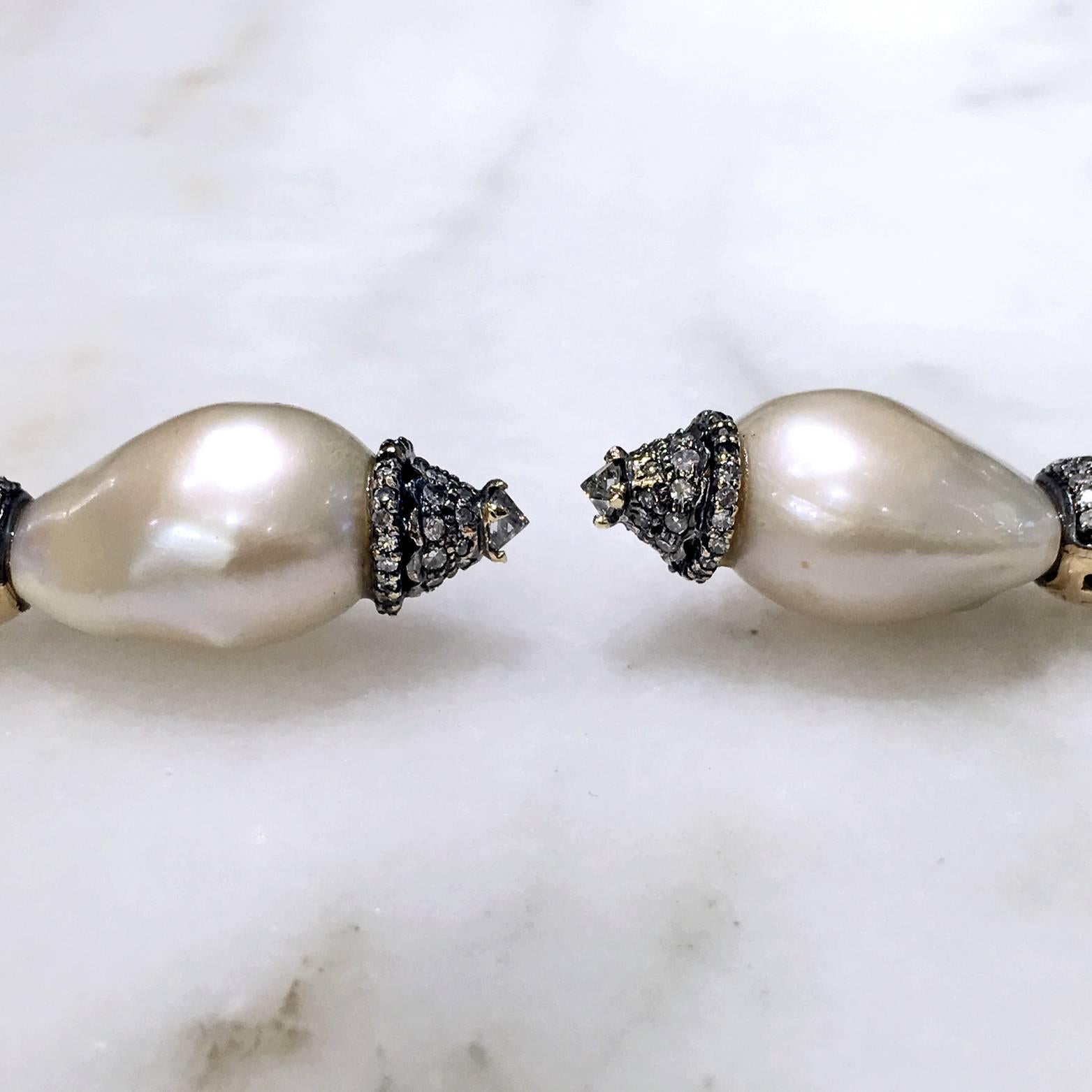 Round Cut One of a Kind Baroque Pearl White Diamond Hollywood Drop Earrings