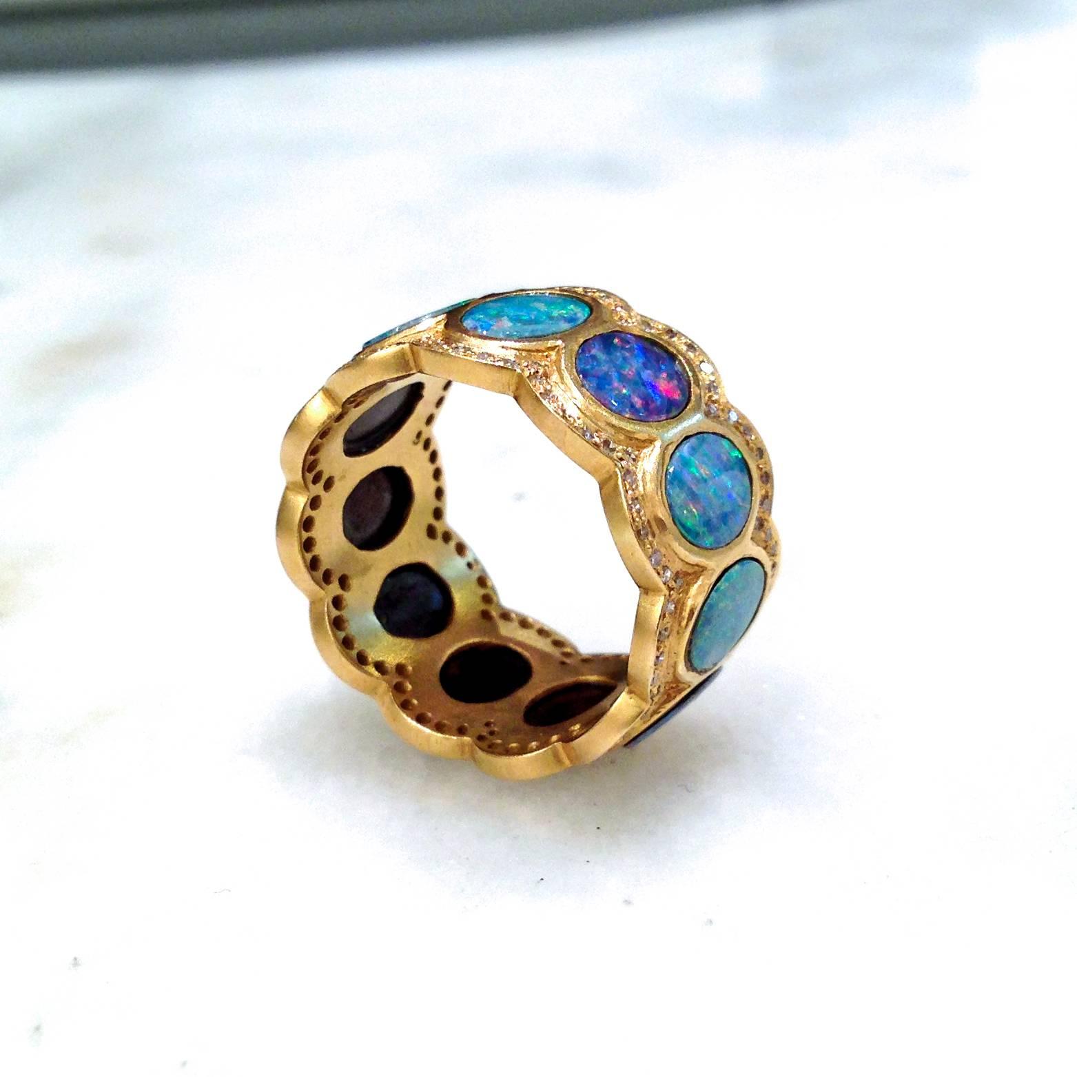 Eternity Band handcrafted in matte-finished 18k yellow gold with oval boulder opal discs surrounded by two rows of round brilliant-cut white diamonds. Size 7.0 (Can be ordered in alternative size).