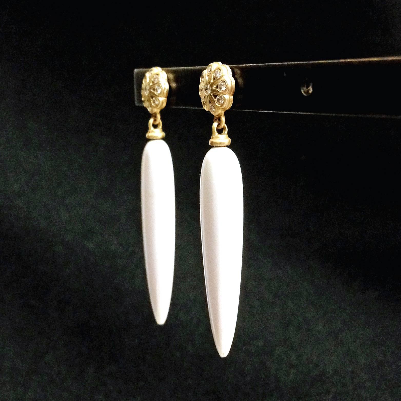Artist Geoffrey Good White Agate Diamond Matte Gold Drop Earrings