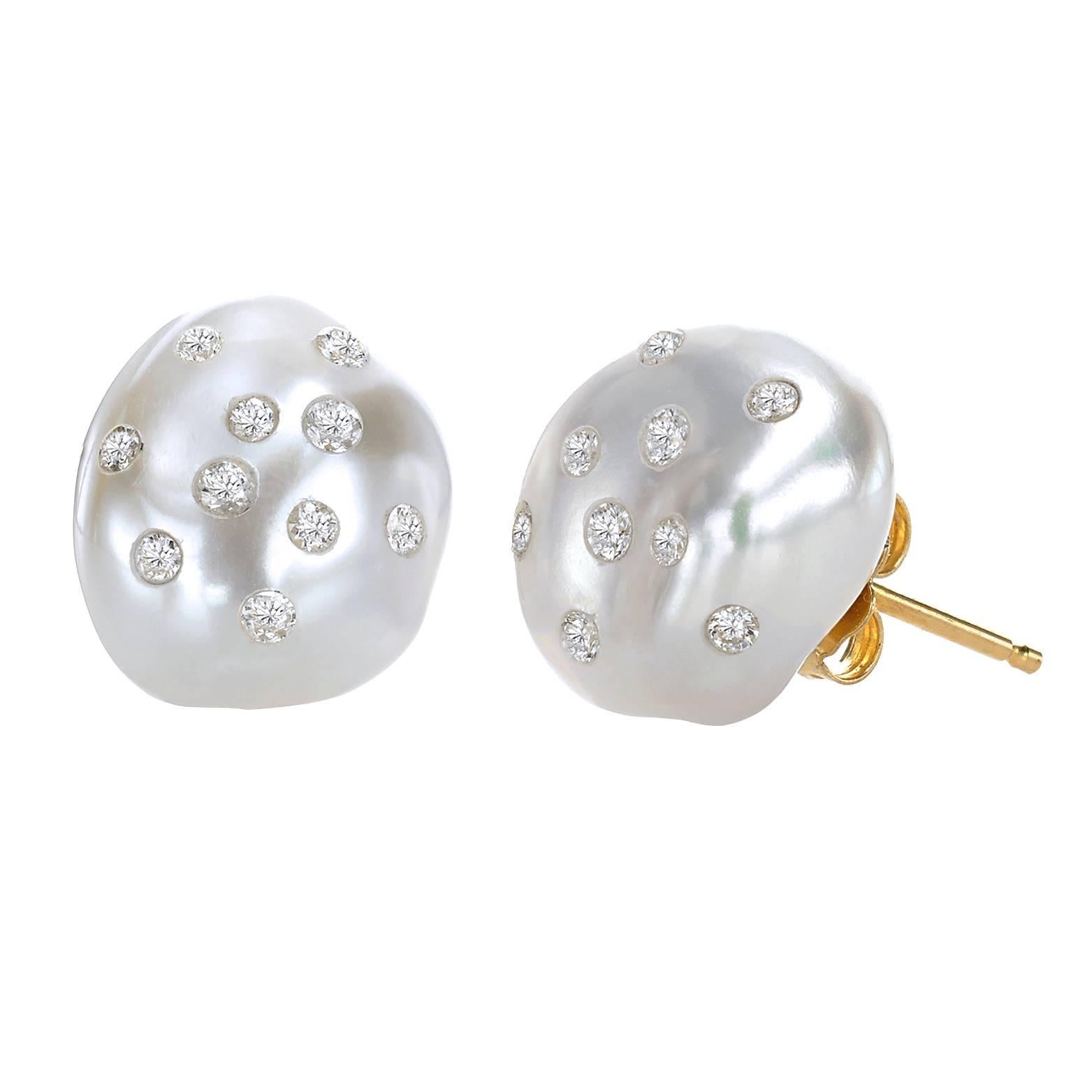 Russell Trusso White Diamond Embedded White Baroque Keshi Pearl Gold Earrings