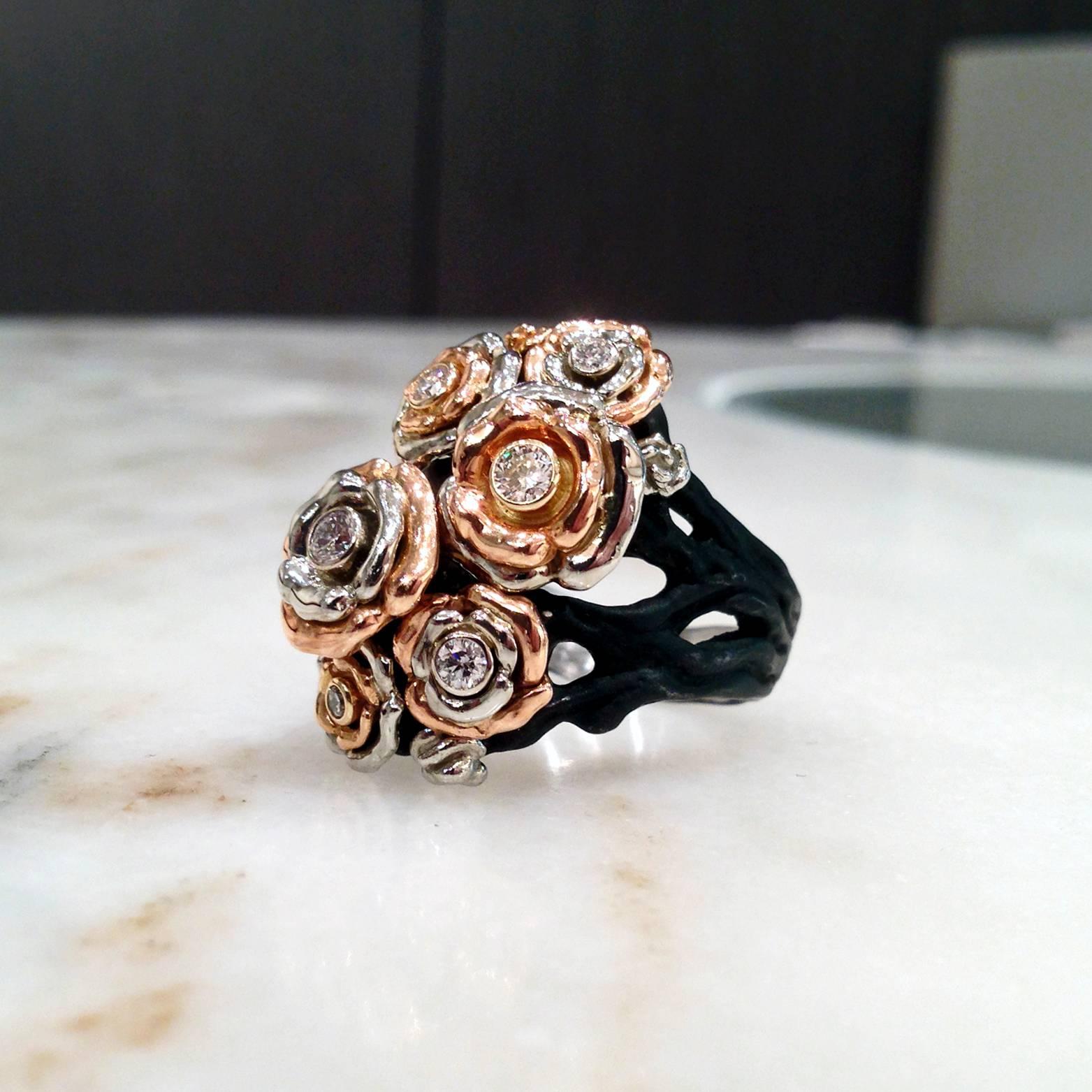 One-of-a-Kind Ring handcrafted in 18k rose gold, 18k white gold, and cobalt chrome accented with 0.36 carats of round brilliant-cut white diamonds in assorted sizes. 18k white gold interior shank. Size 10.25 (Can be sized).