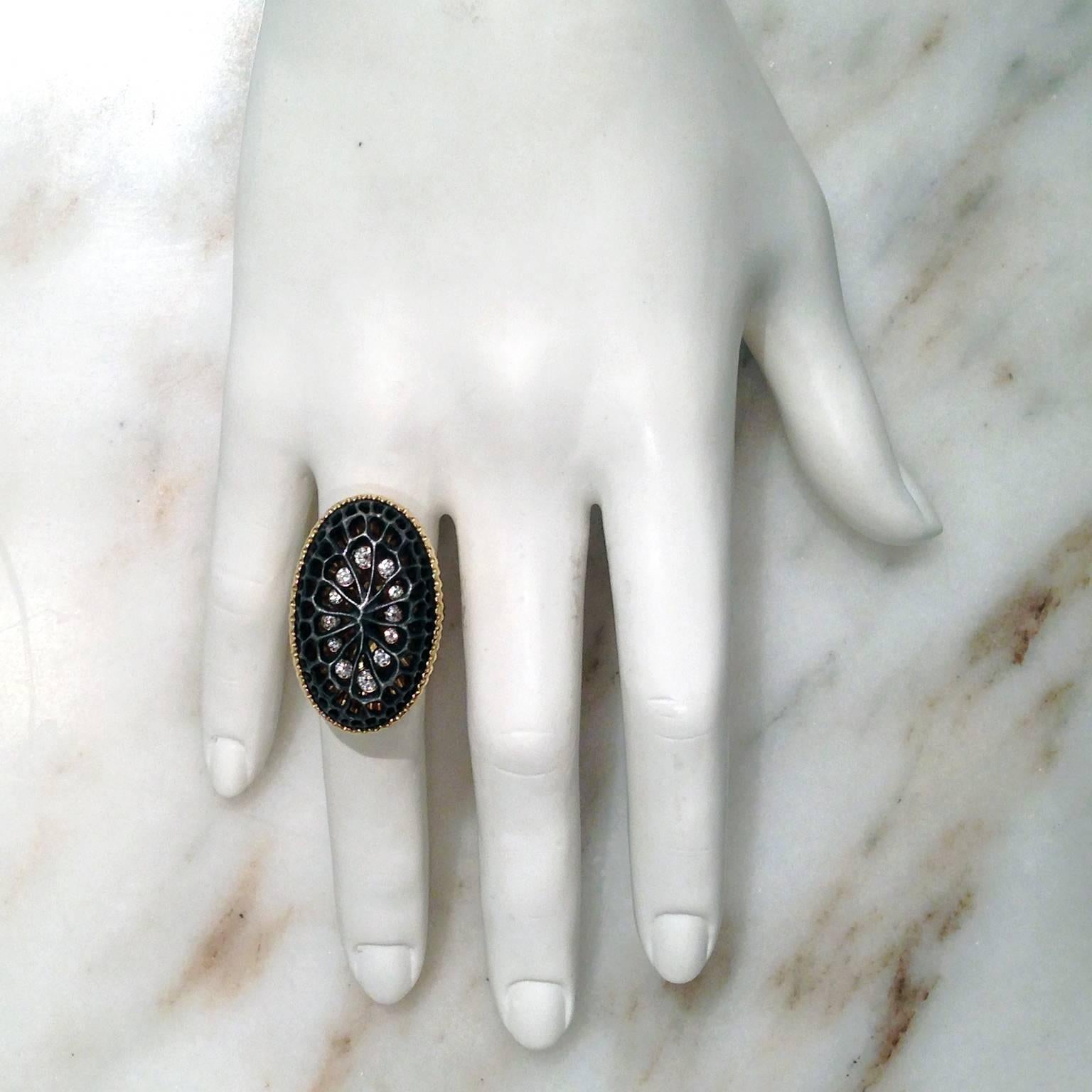 Sarah Graham Diamond Gold Black Steel Caged Oval Coral Ring In New Condition In Dallas, TX