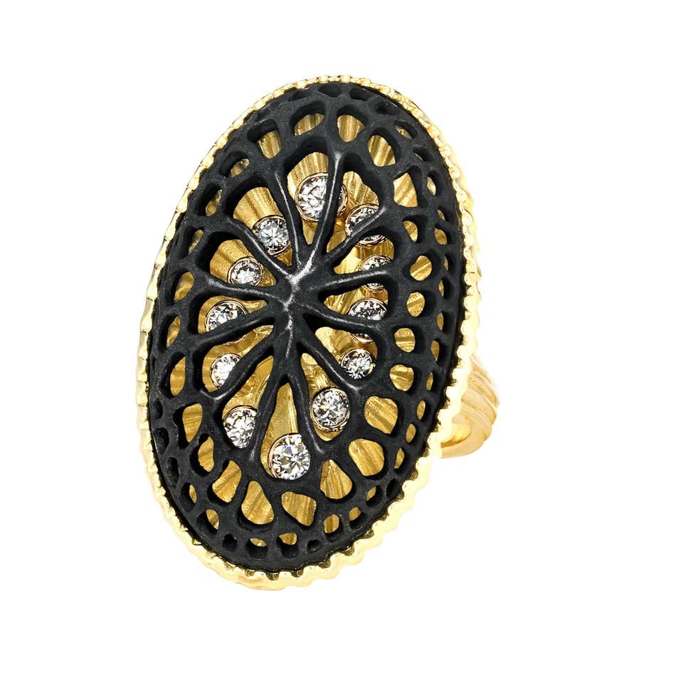Sarah Graham Diamond Gold Black Steel Caged Oval Coral Ring For Sale at ...