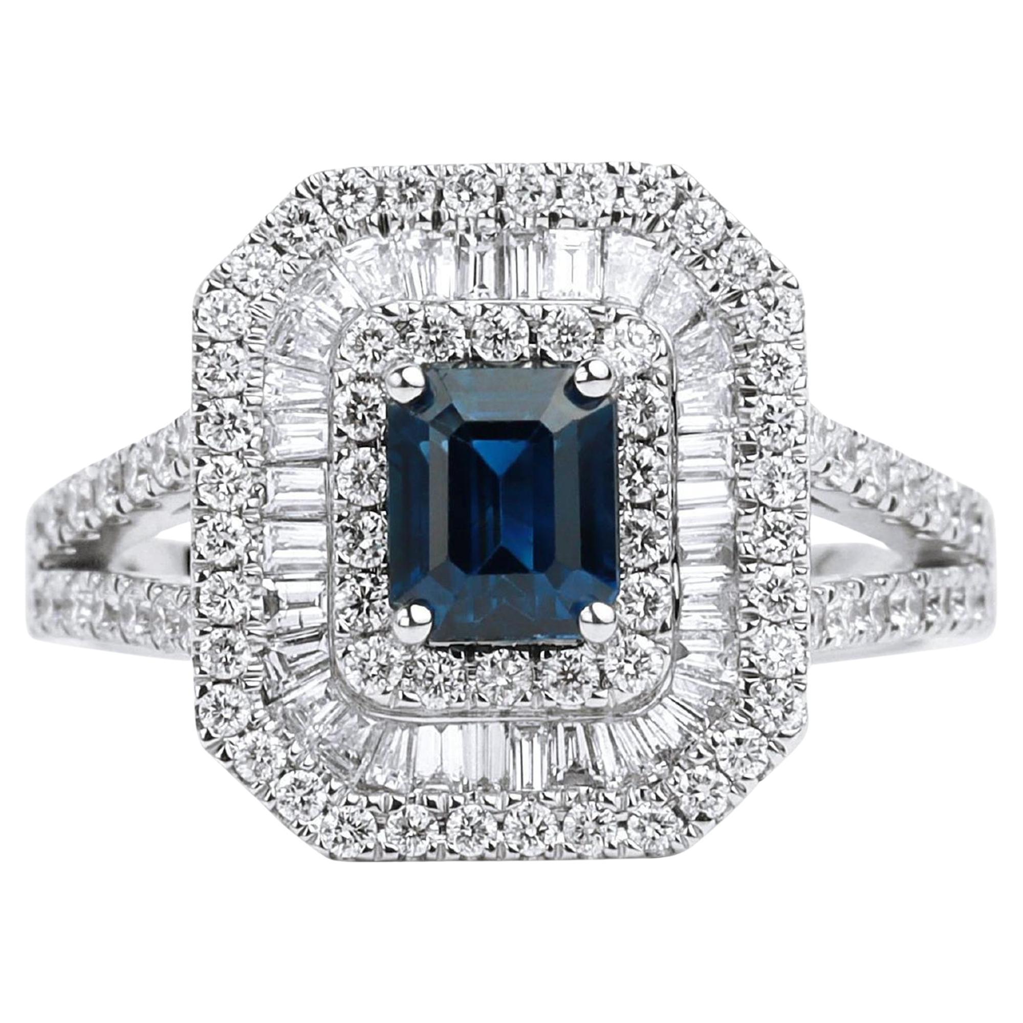 1.06ct Emerald-Cut Blue Sapphire Triple Halo Engagement Ring in 18K White Gold For Sale