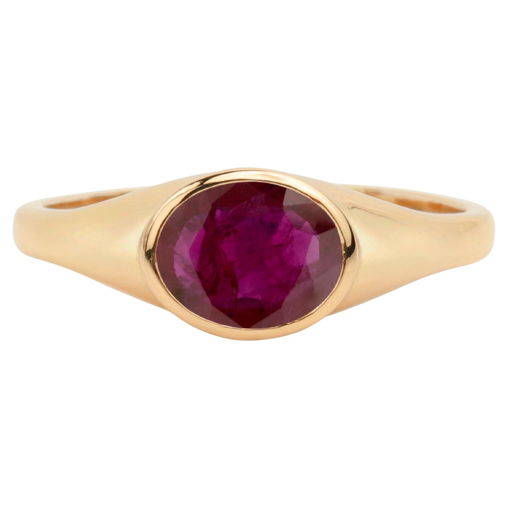 2 Carat Natural Oval-Cut Red Ruby Unisex Signet Ring in 18K Yellow Gold