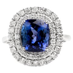 4ct Natural Cushion AAA Tanzanite & Double Halo Diamond Ring in 18K White Gold