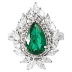 2 Karat natürlicher Smaragd-Diamant-Cocktail-Verlobungsring aus 18 Karat Weißgold mit Birnenschliff