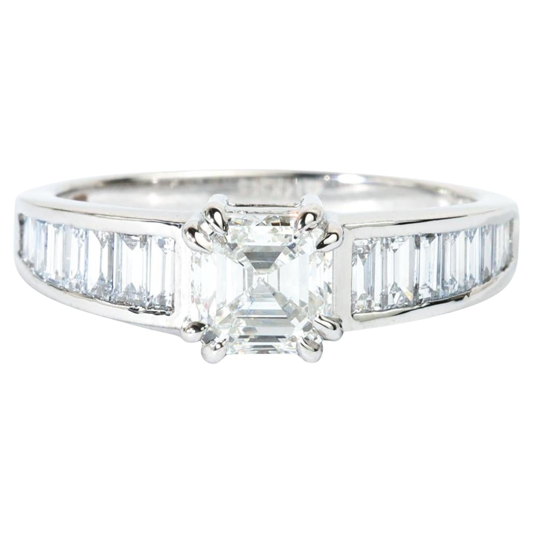 Bague de fiançailles en or 18 carats certifiée GIA avec diamant asscher et baguette de 1ct